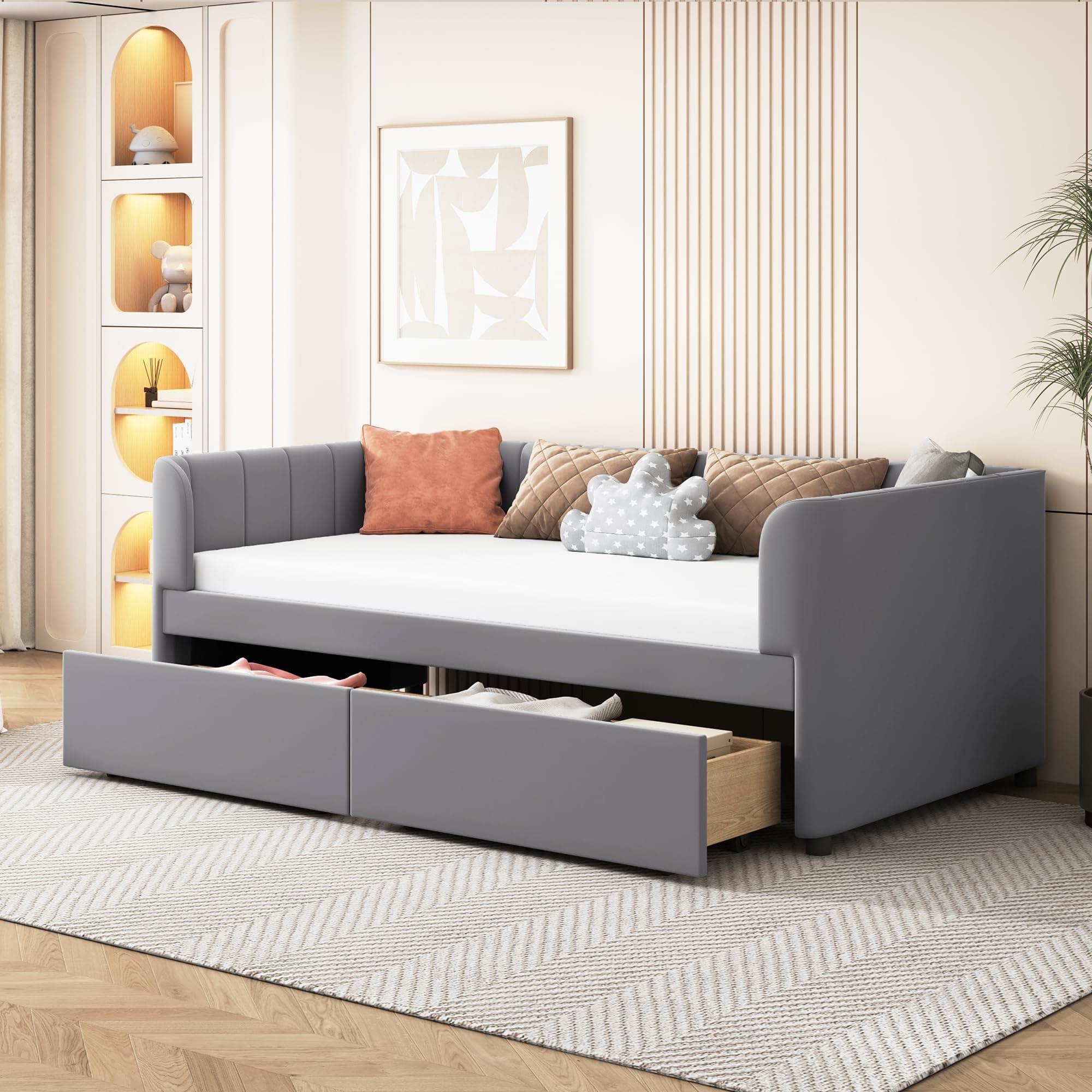 Velvet Daybed with Storage Drawers and Striped Headboard Design