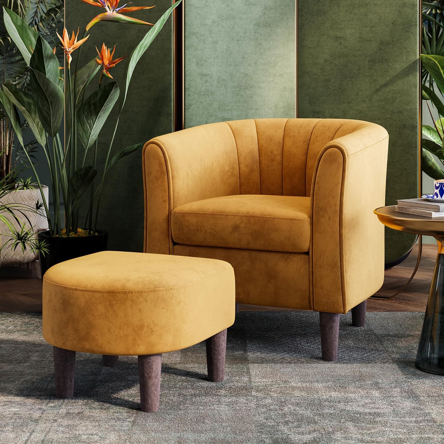 LINSY Velvet Accent Chair with Ottoman, Modern Barrel Reading Chair, Yellow