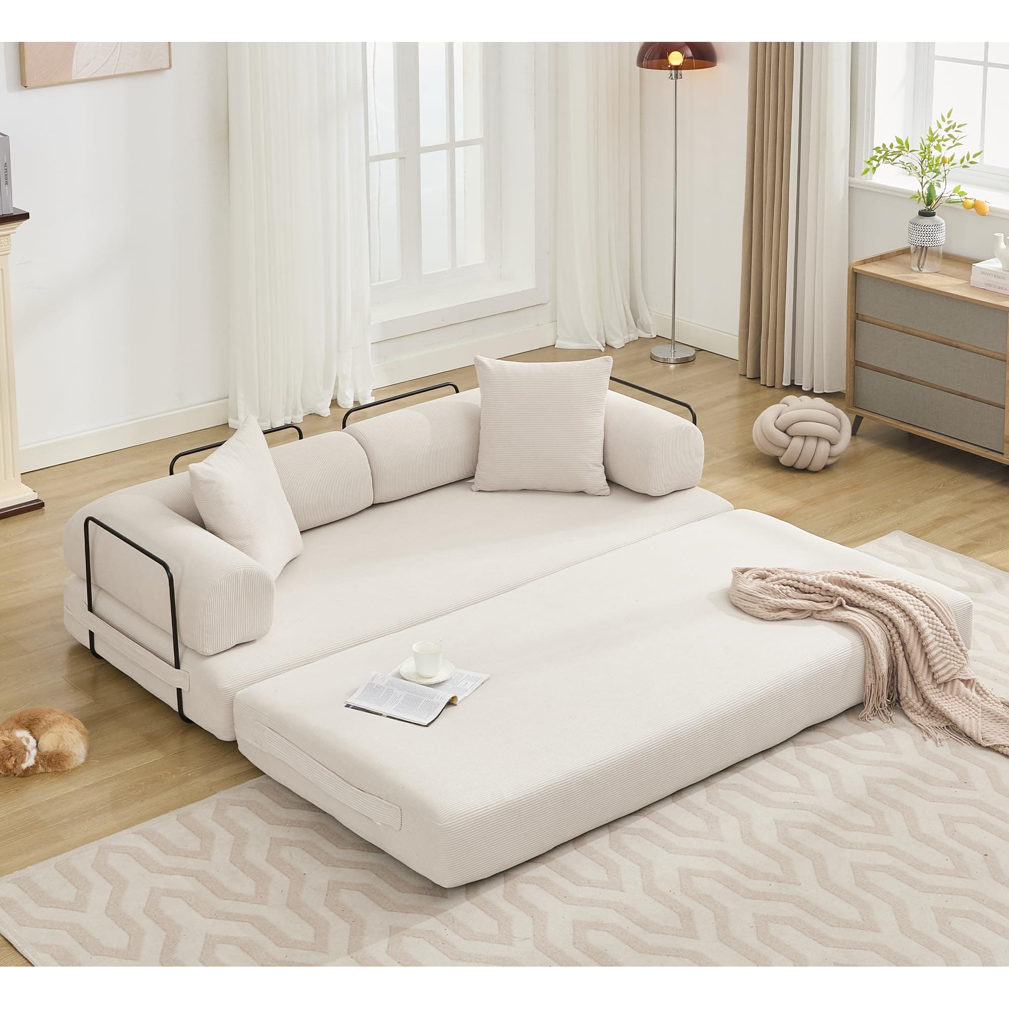 Beige Cylindrical Pillow Convertible Sleeper Sofa Bed