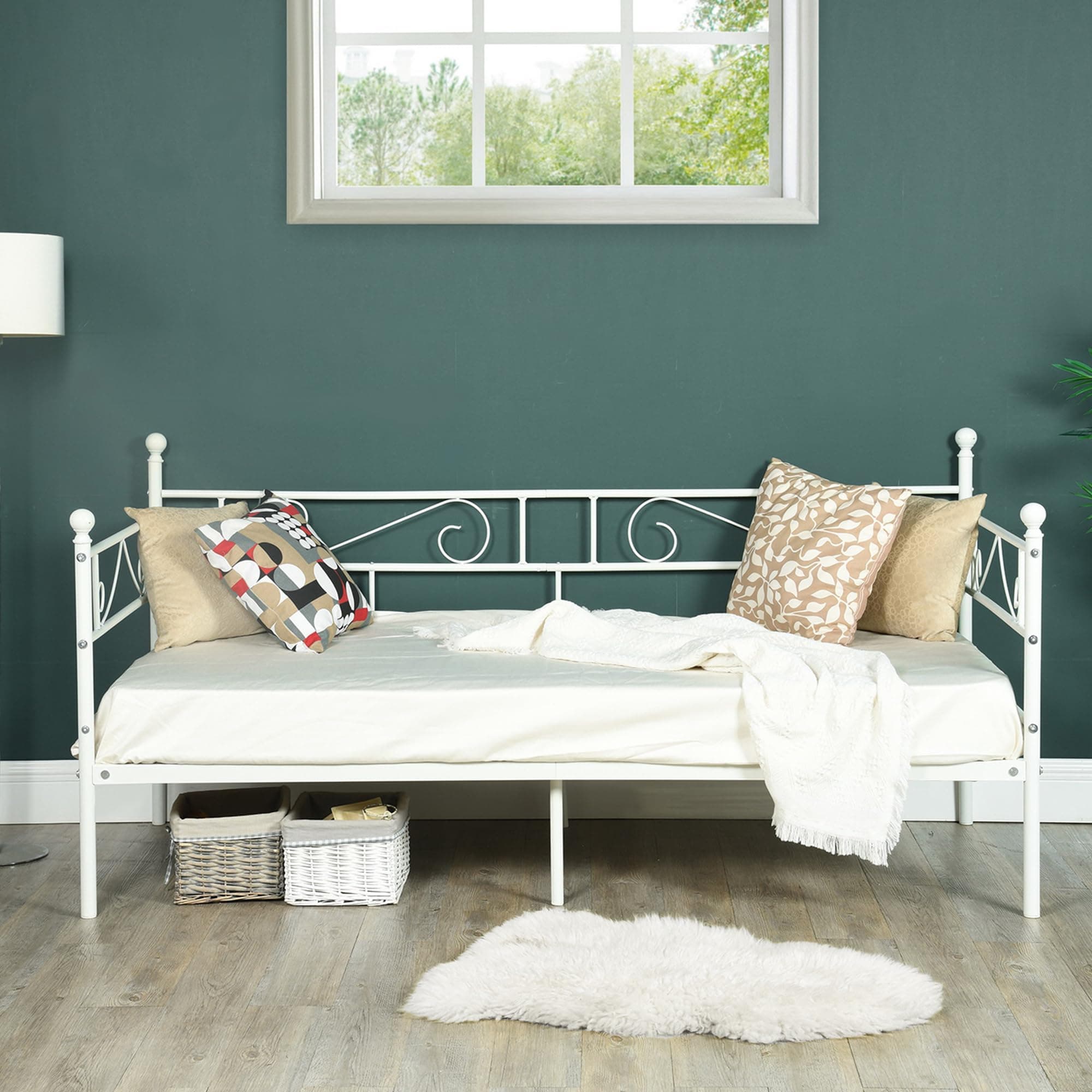 Beige Twin Metal Daybed Frame with Headboard & Mattress Platform Bed