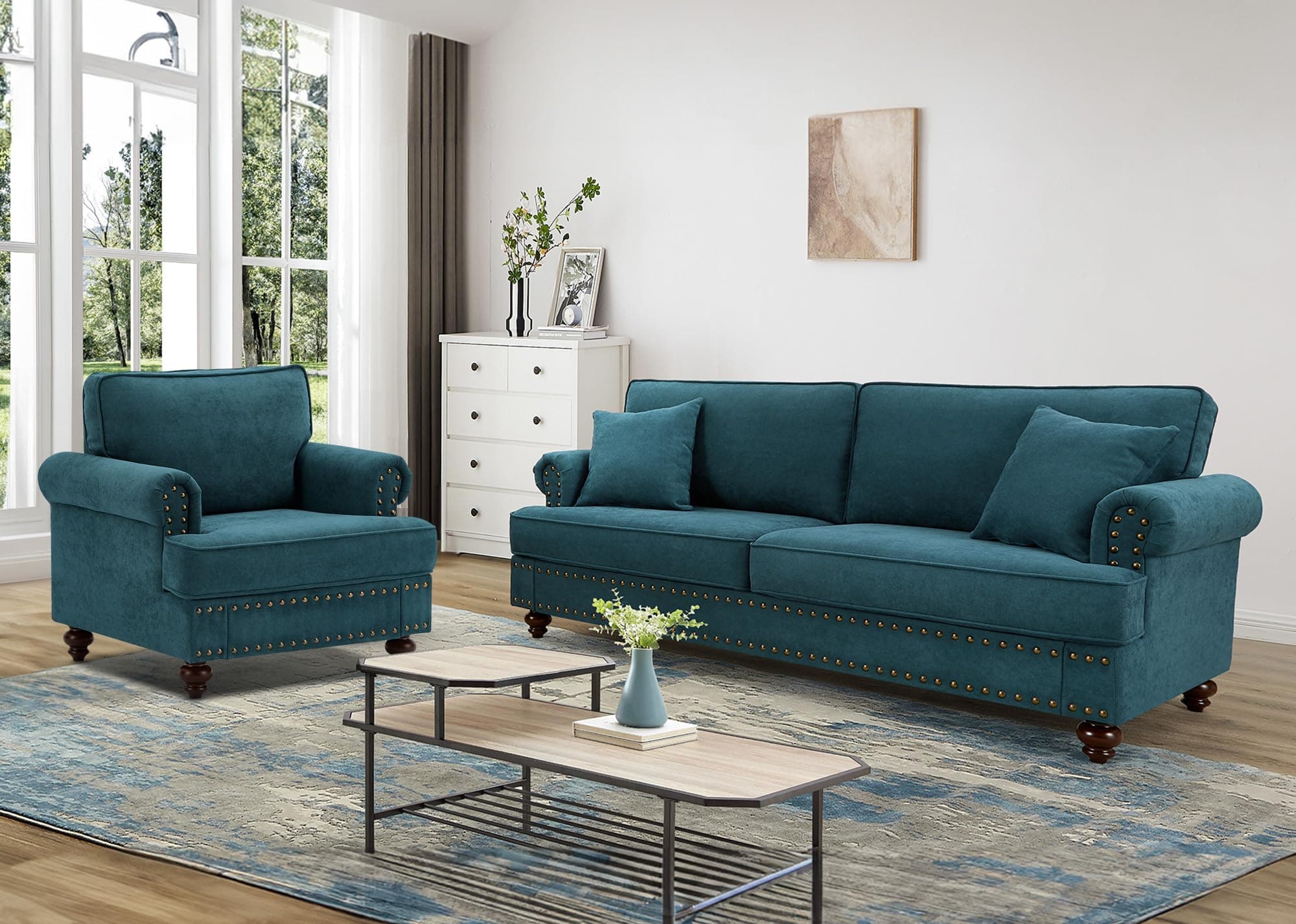 Modern Upholstered 2-Piece Living Room Furniture Set in Green