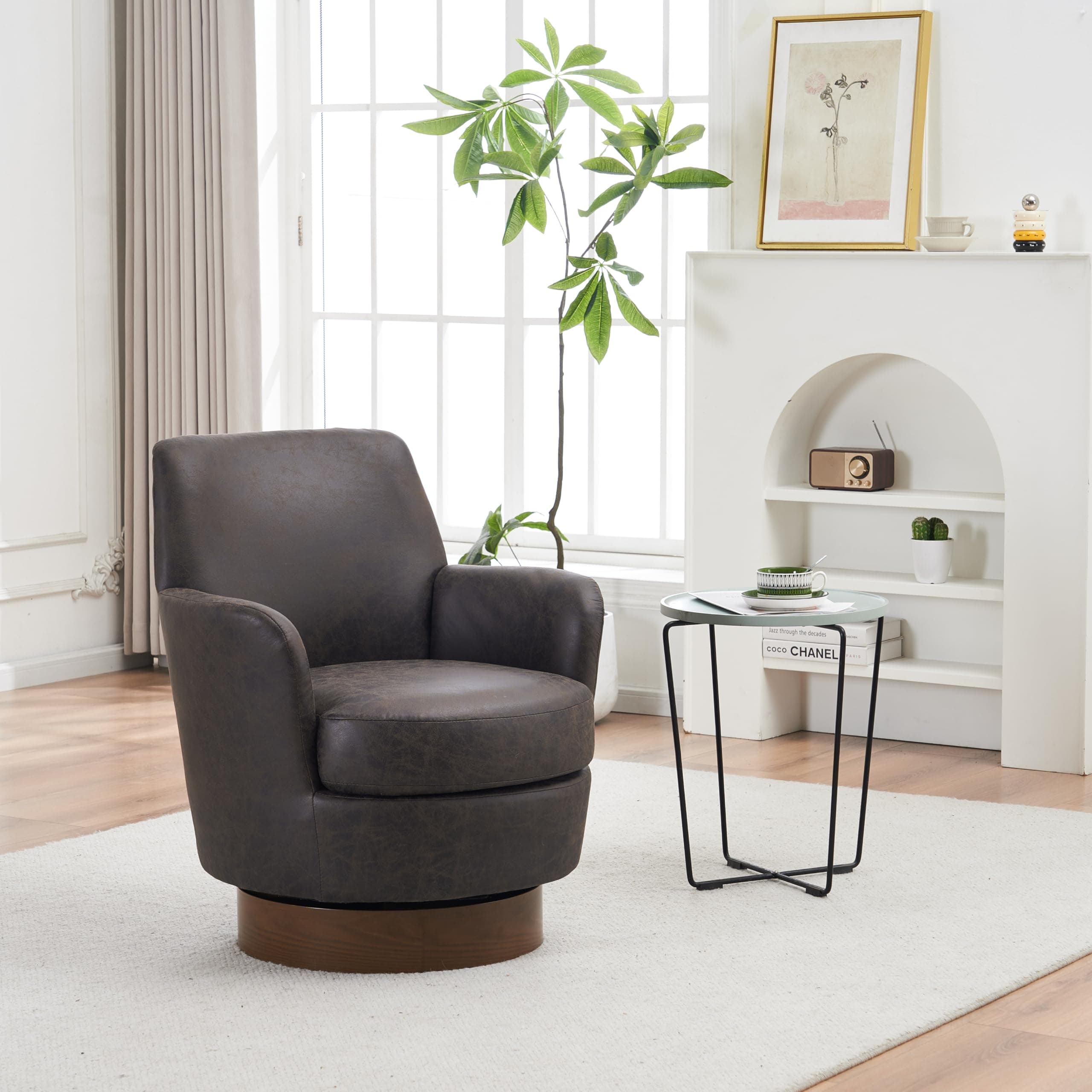 Brown PU Leather Swivel Barrel Chair for Comfort and Support