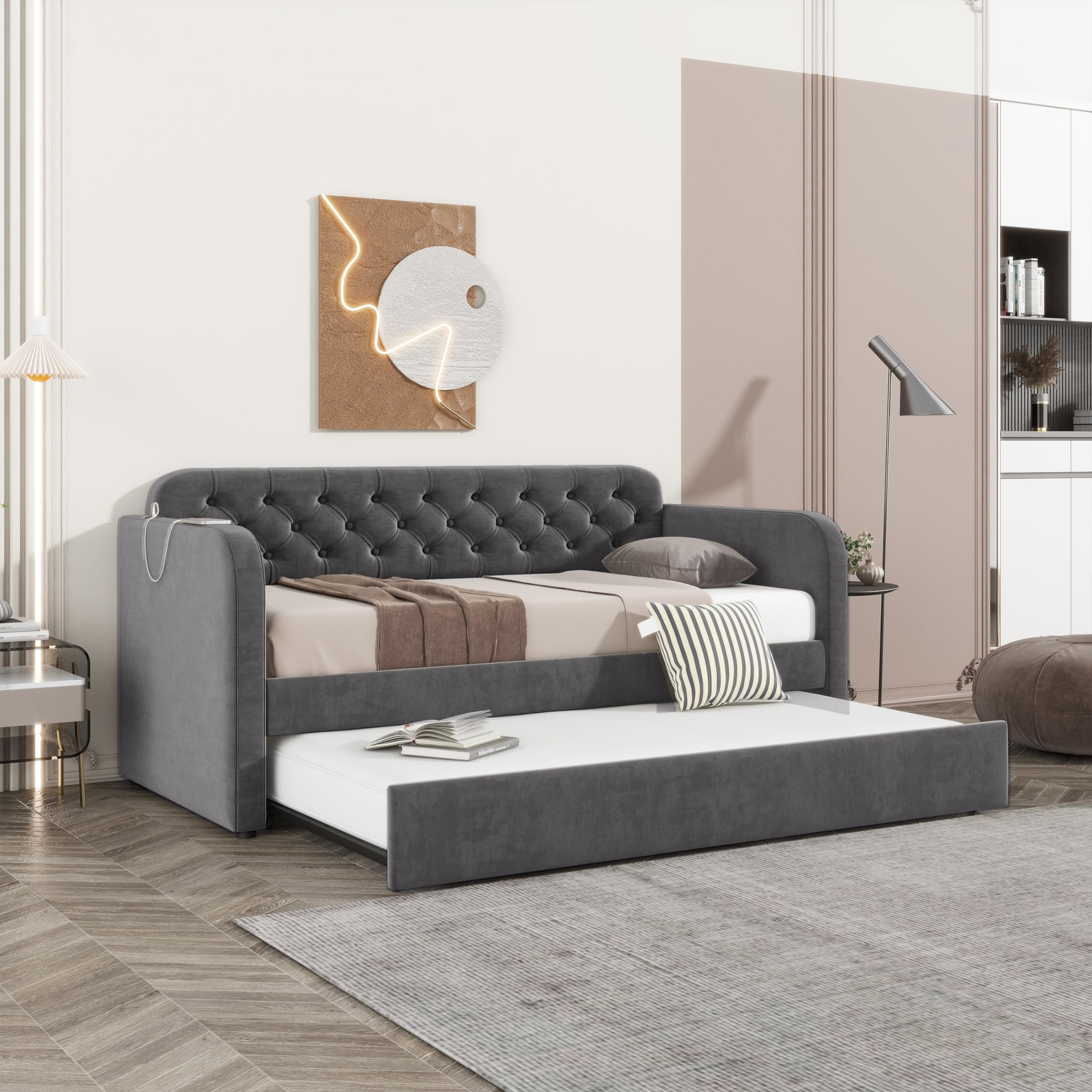 Dark Grey Button Tufted Twin Daybed with Trundle & USB Port (No Box Spring)
