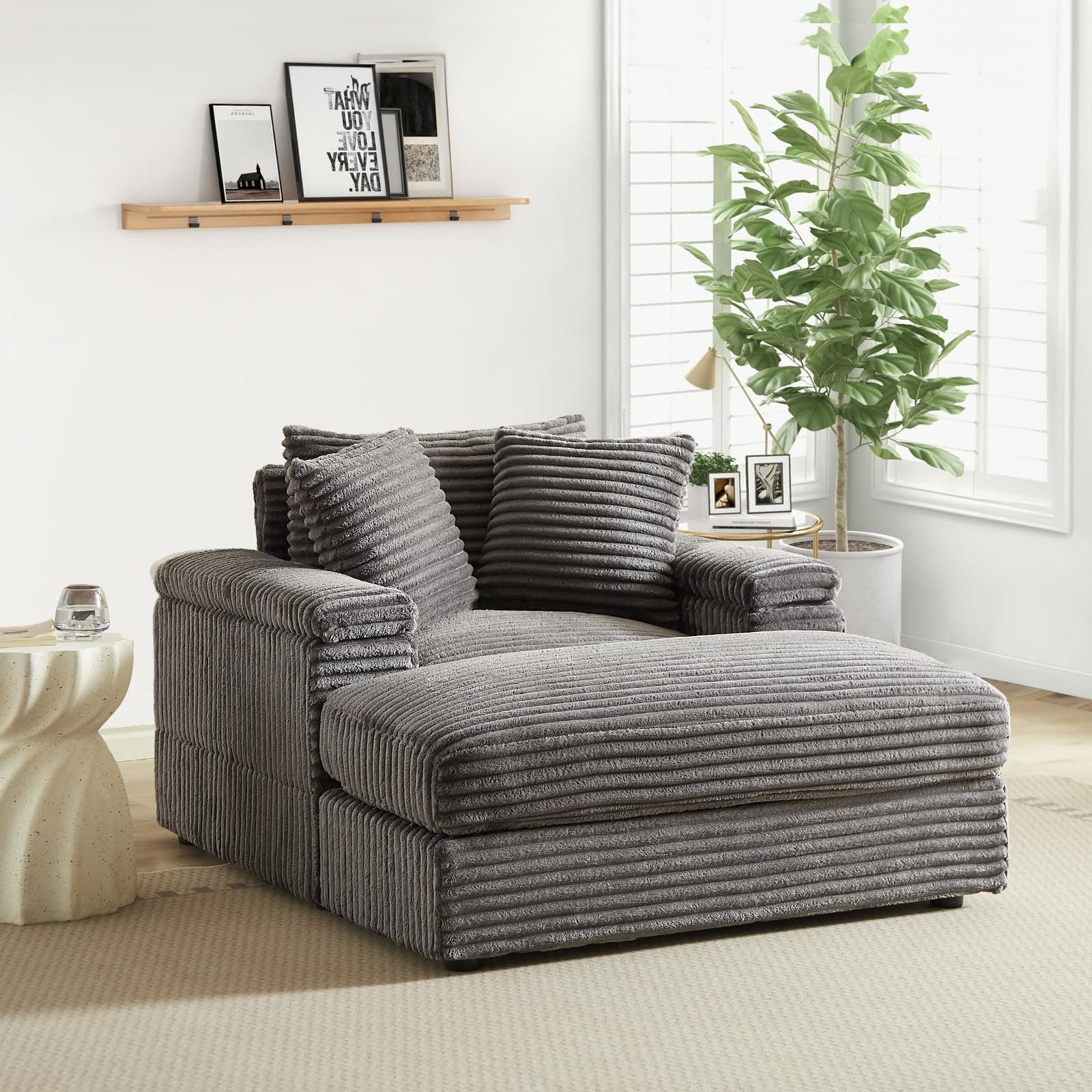 Oversized Chaise Lounge Chair with Ottoman, Corduroy Upholstered Sofa for Living Room, Bedroom, Office