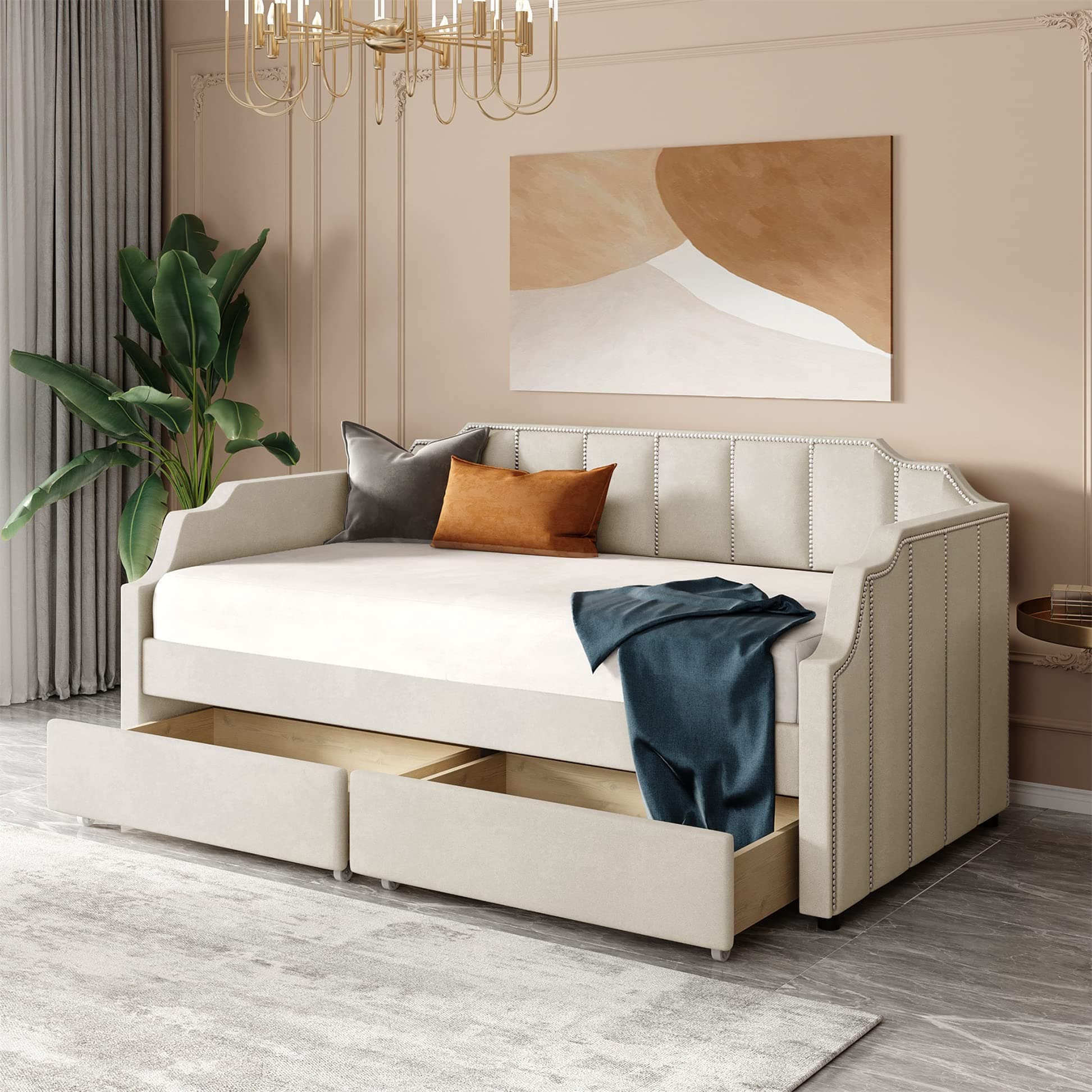 Meritline Beige Tufted Twin Daybed with Drawers & Storage