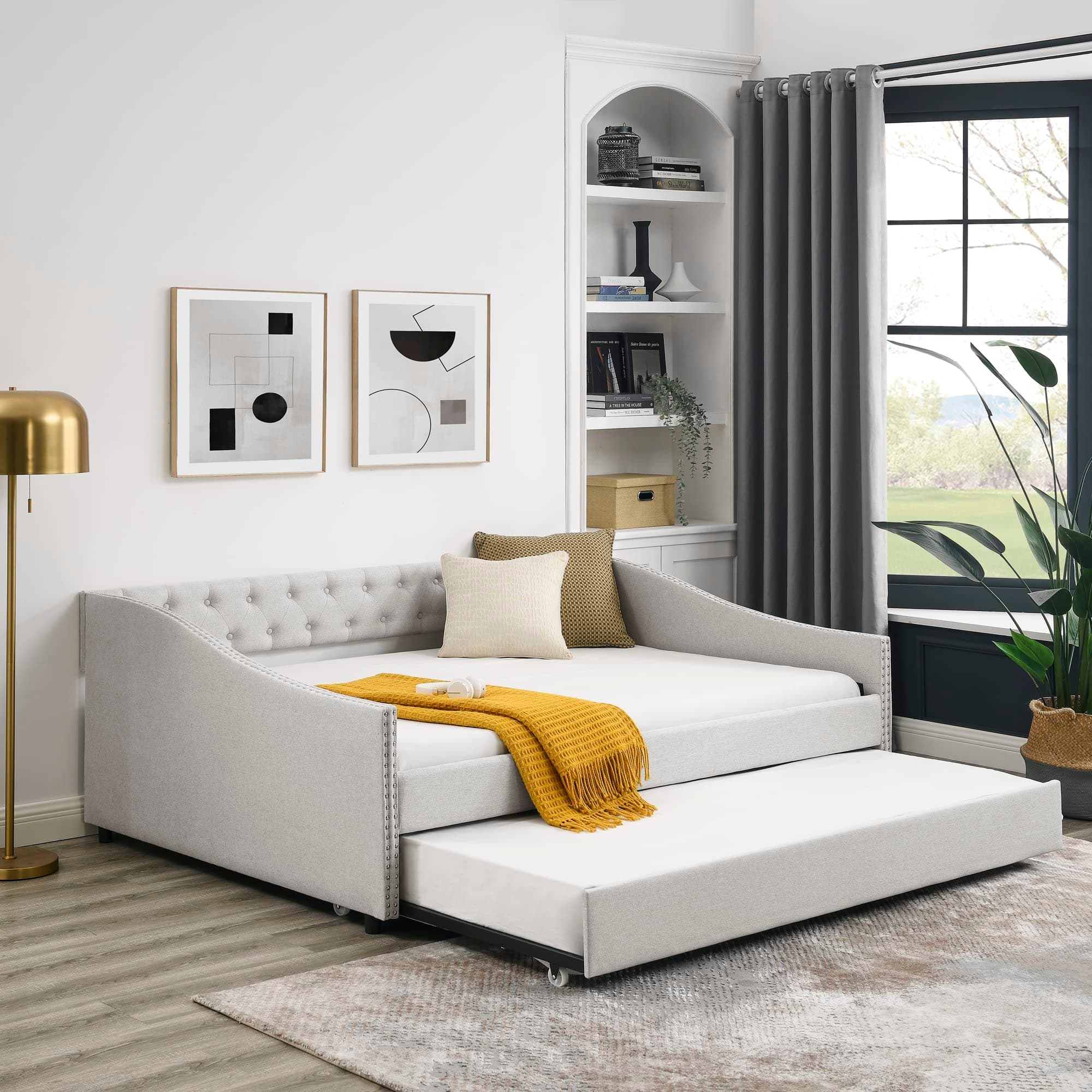 JEEOHEY Beige Button Tufted Full Size Upholstered Daybed with Trundle