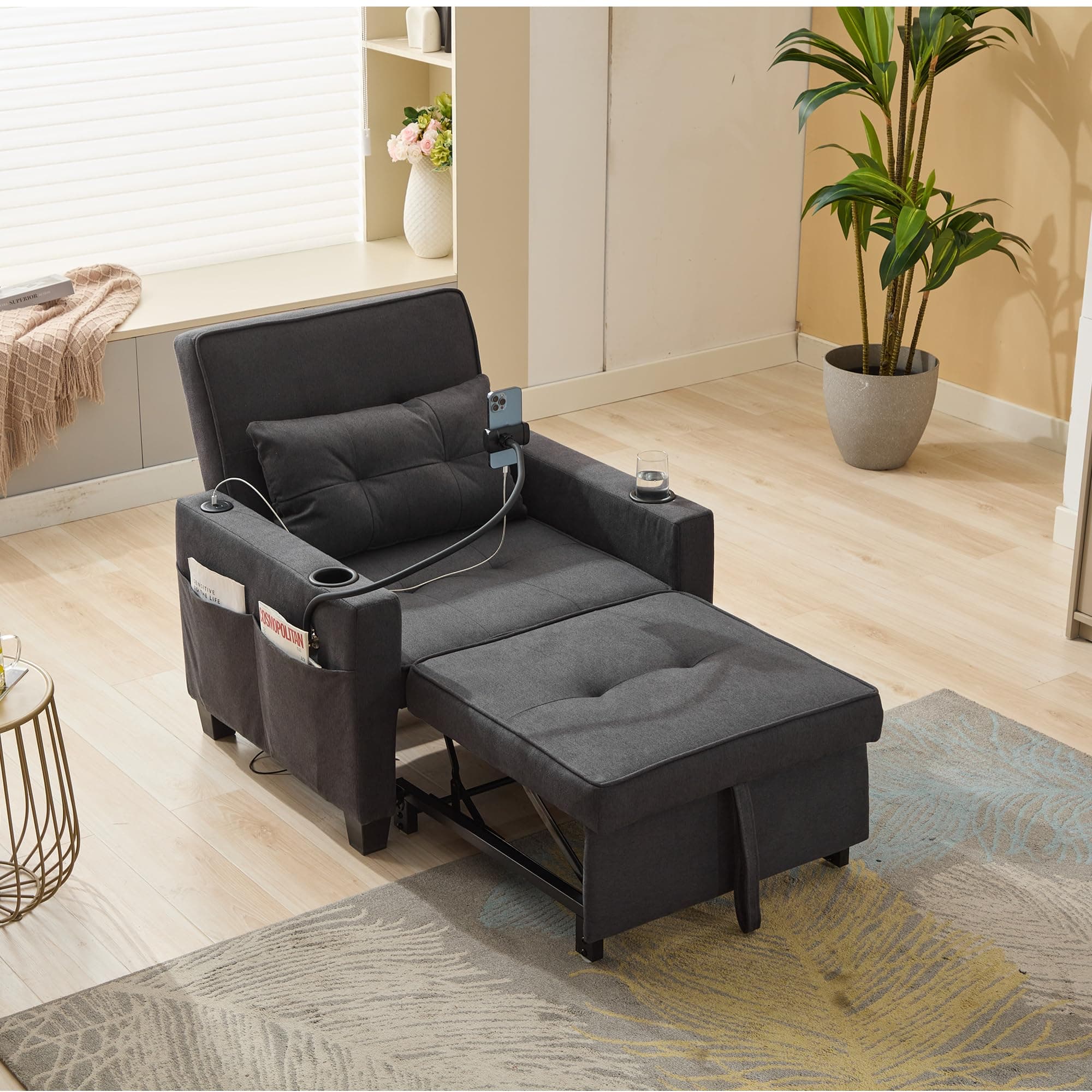 Livavege 3-in-1 Convertible Sleeper Sofa Chair, Linen Futon with Phone & Cup Holders
