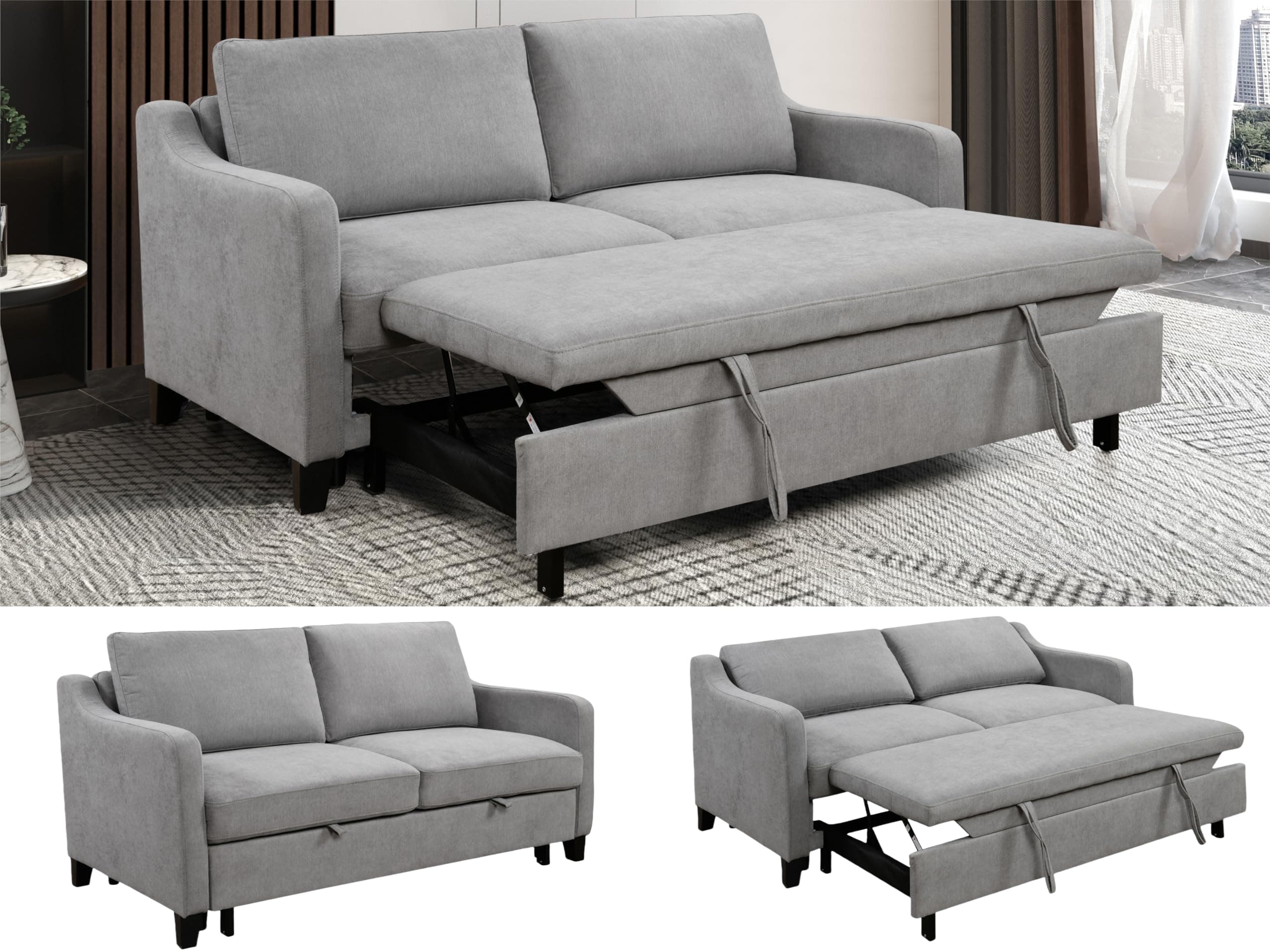 69" Queen Size Grey Convertible Sofa Bed with Adjustable Backrest