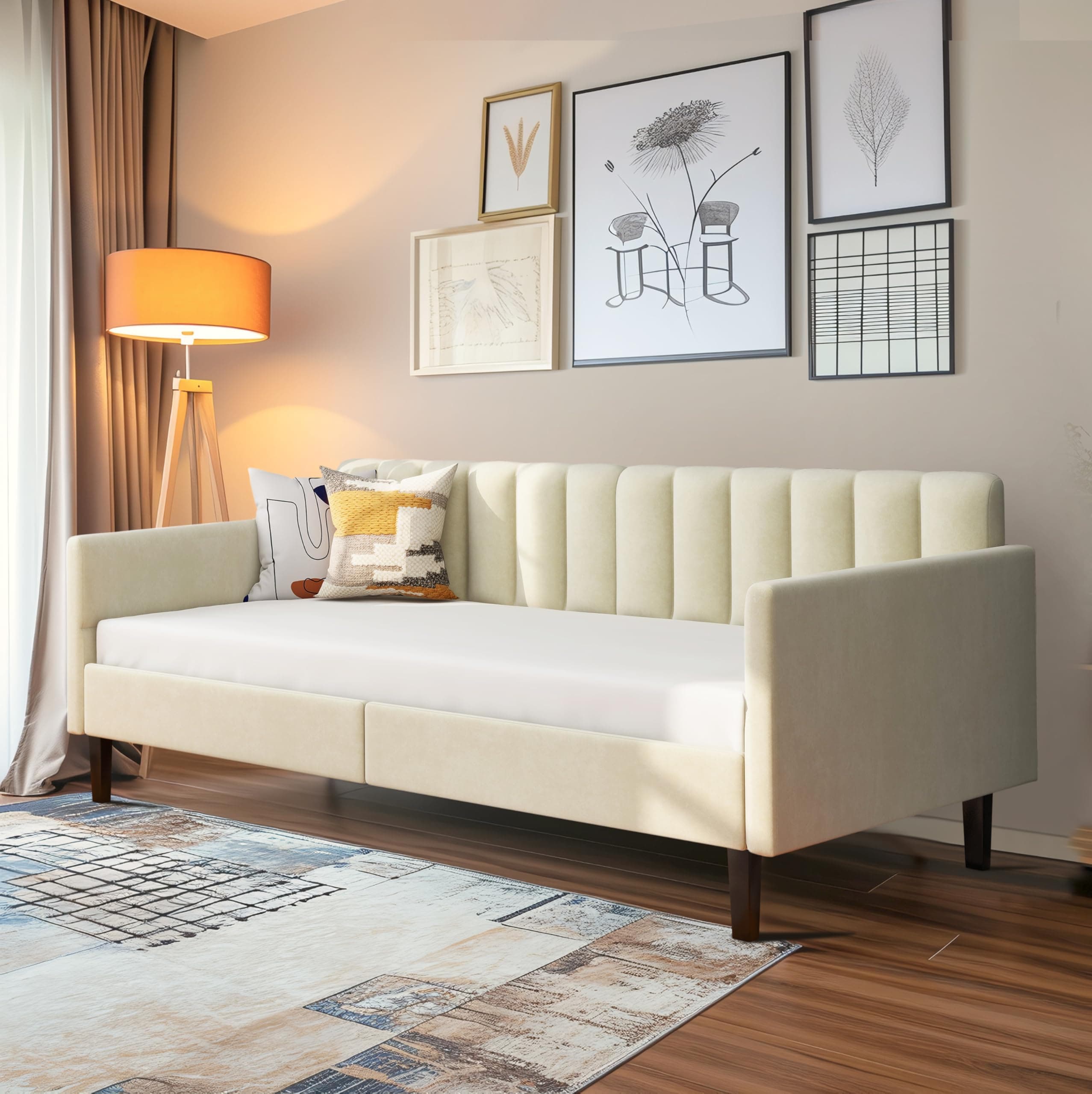 LifeSky Beige Velvet Tufted Twin Daybed Frame