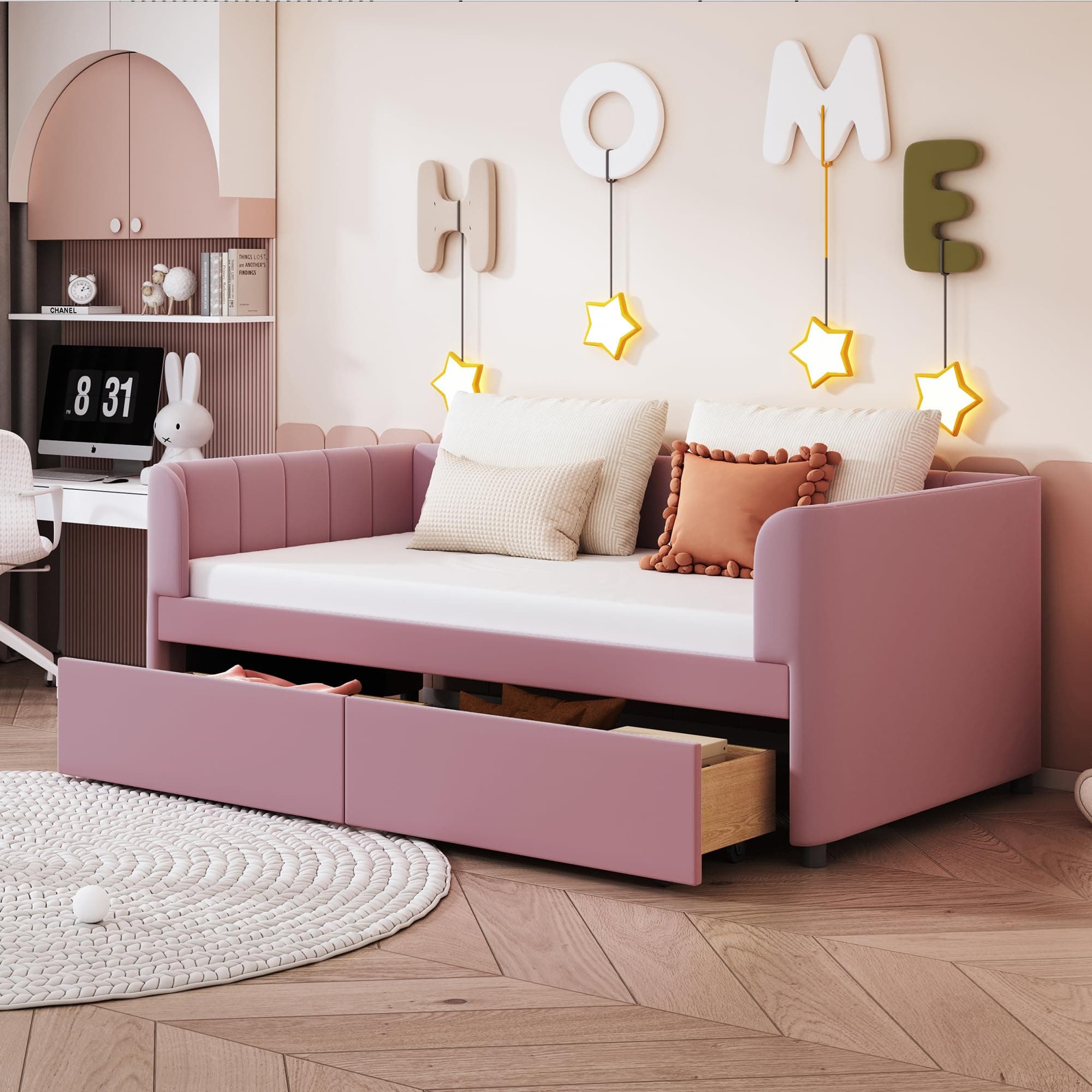 Velvet Daybed with Storage Drawers and Striped Headboard Design, Twin Size, Pink