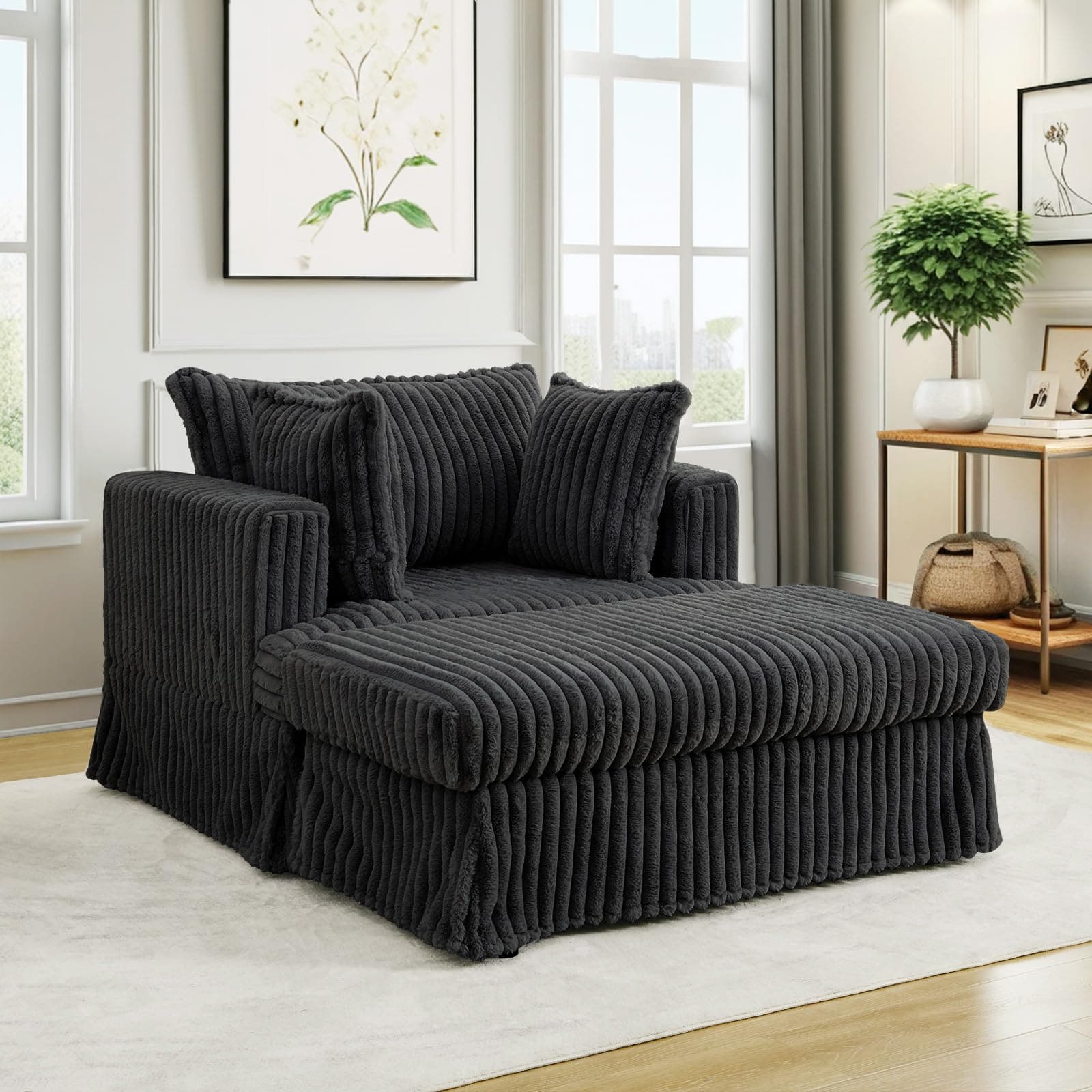 Oversized Corduroy Chaise Lounge Chair with Ottoman for Living Room, Bedroom