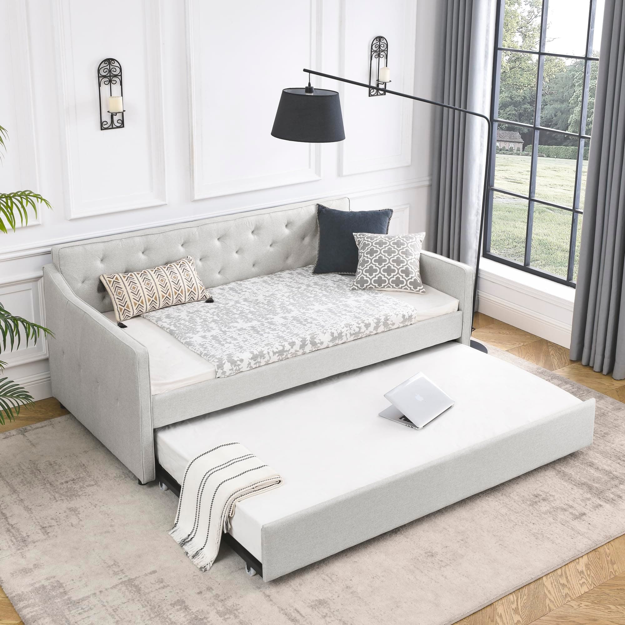 Modern Upholstered Daybed with Trundle for Twin Size, Beige Color
