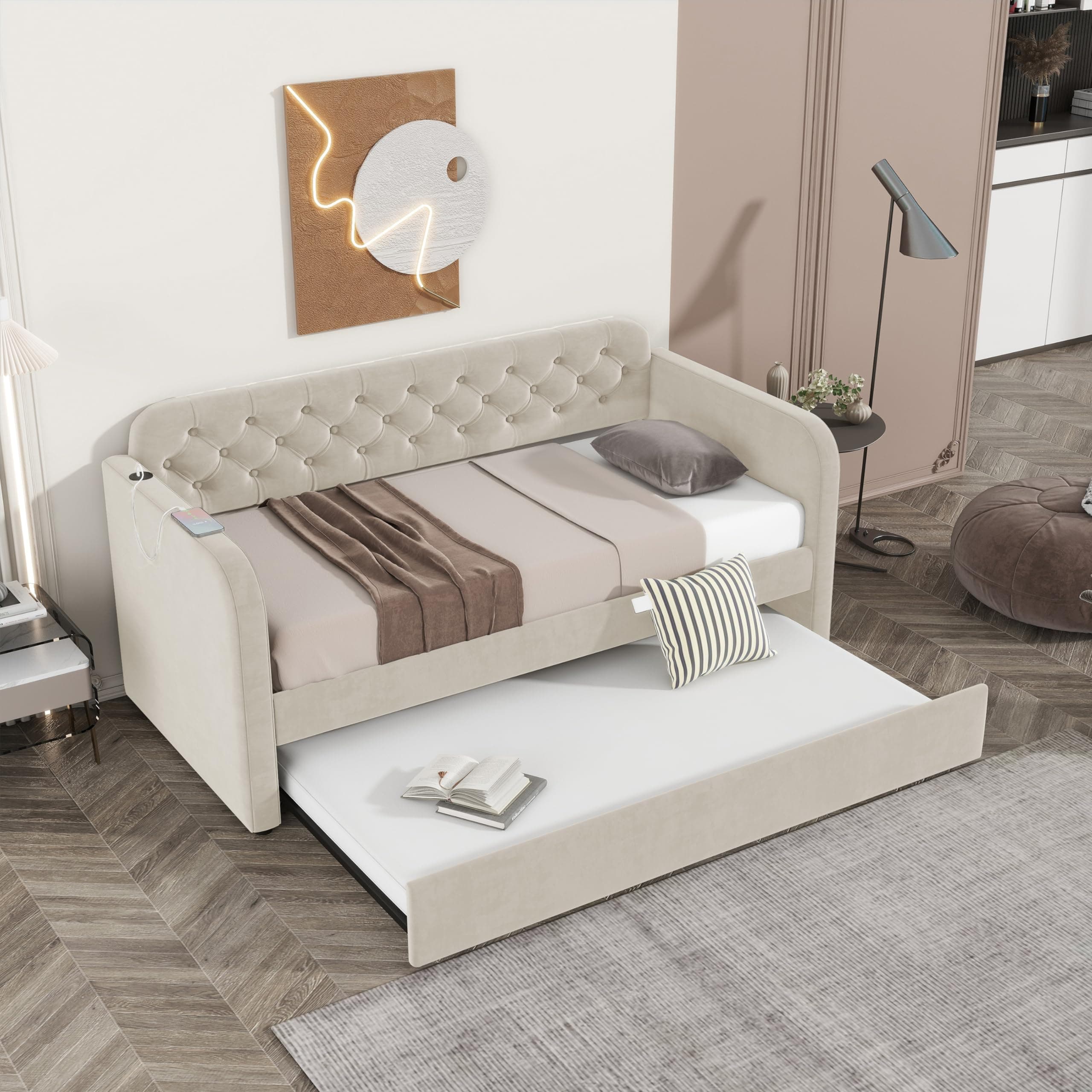 Twin Size Velvet Daybed with Trundle & USB Port - Light Beige
