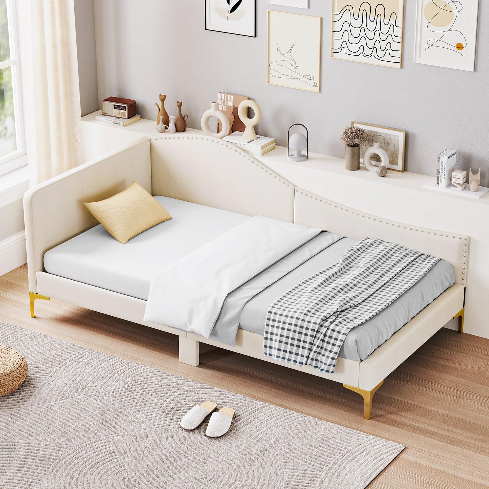 Giantex Beige Twin Size Rivet-Tufted Daybed & L-Shaped Sofa Bed