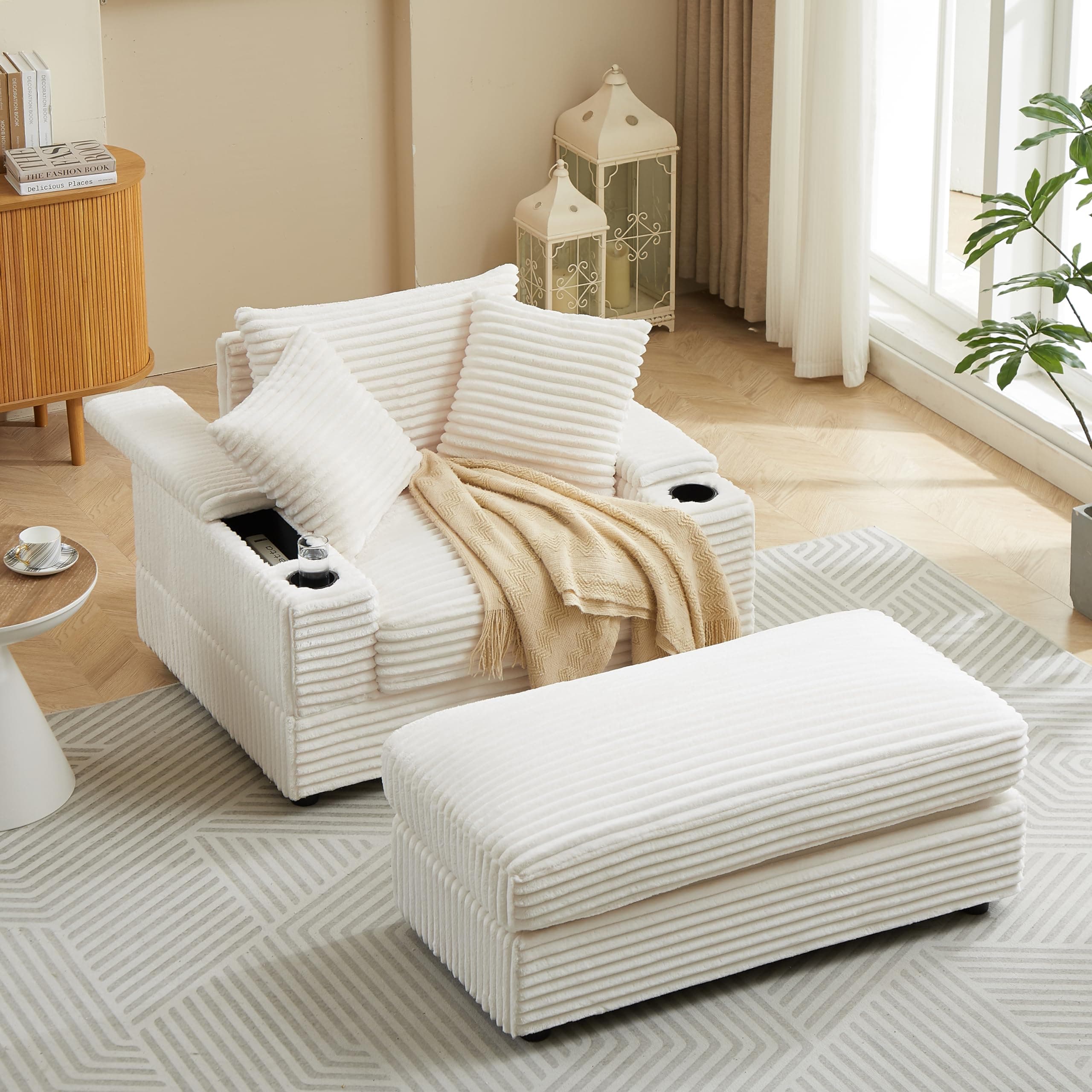 Eafurn Corduroy Upholstered Chaise Lounge Sofa with Ottoman & Cupholders