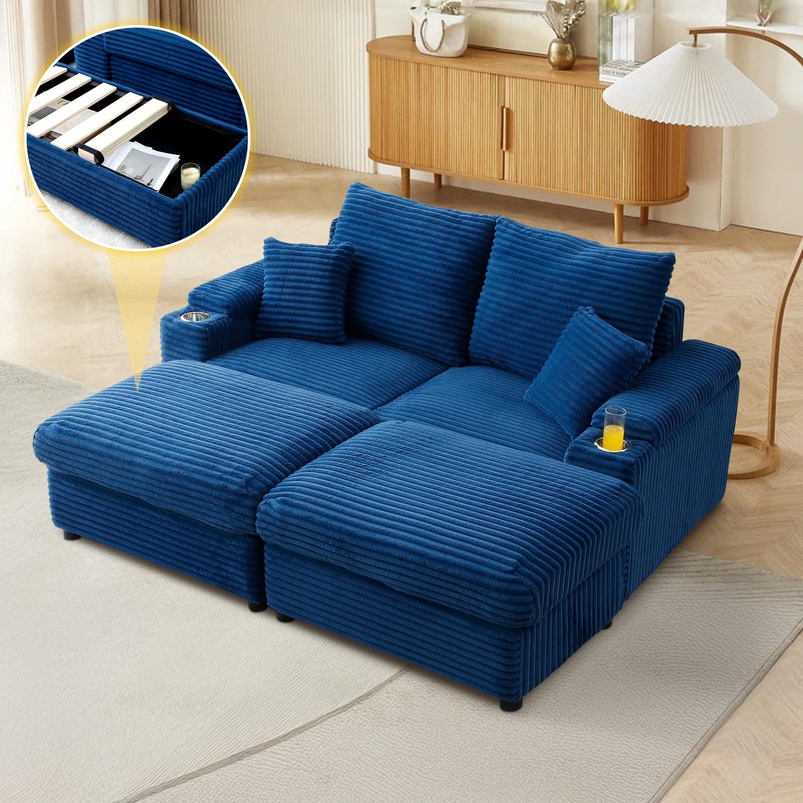 Oversized Chaise Lounge Chair with Storage Ottomans, Blue