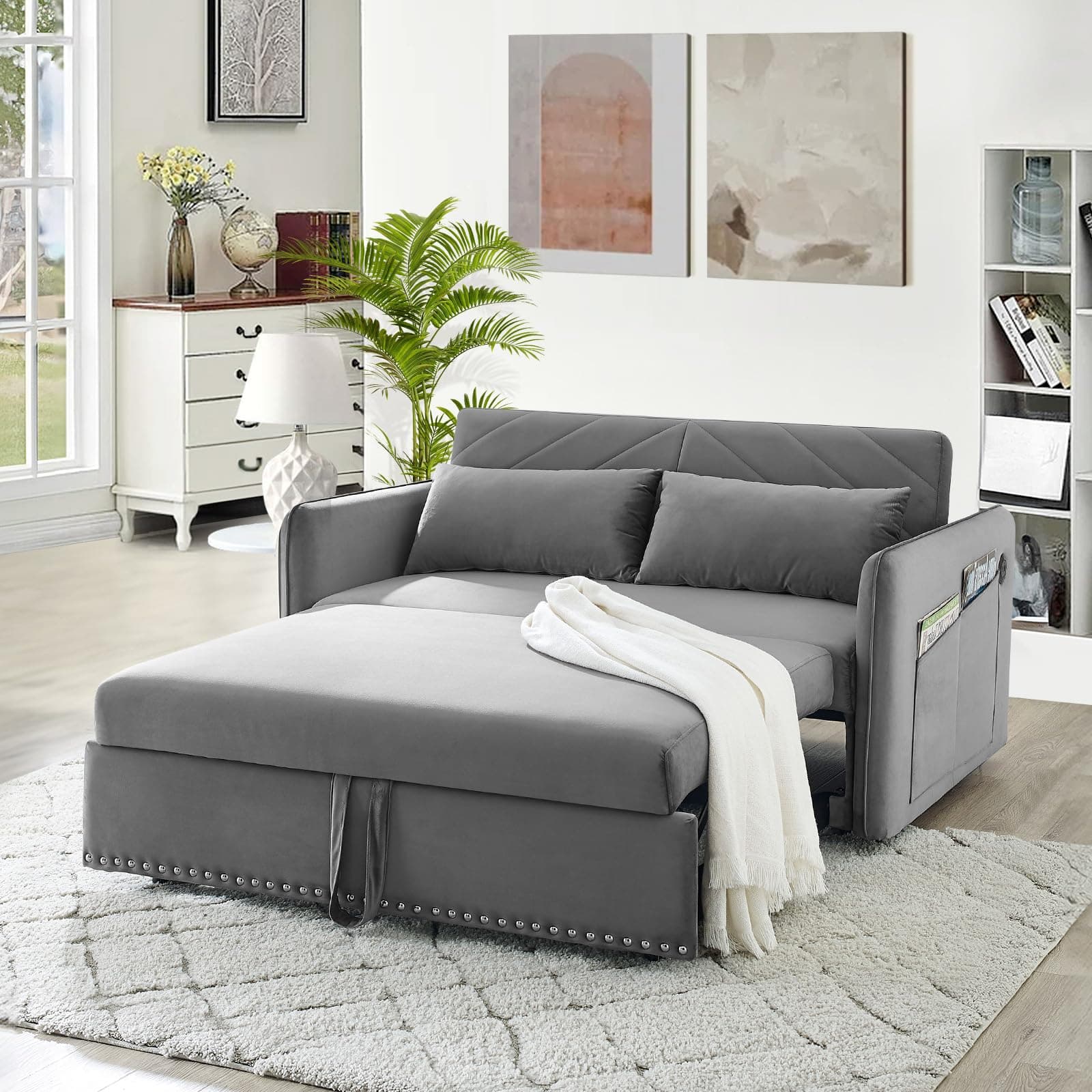 Convertible Sleeper Sofa Couch with Pull Out Bed, Modern Velvet Sofa Bed with Adjustable Backrest & USB Ports