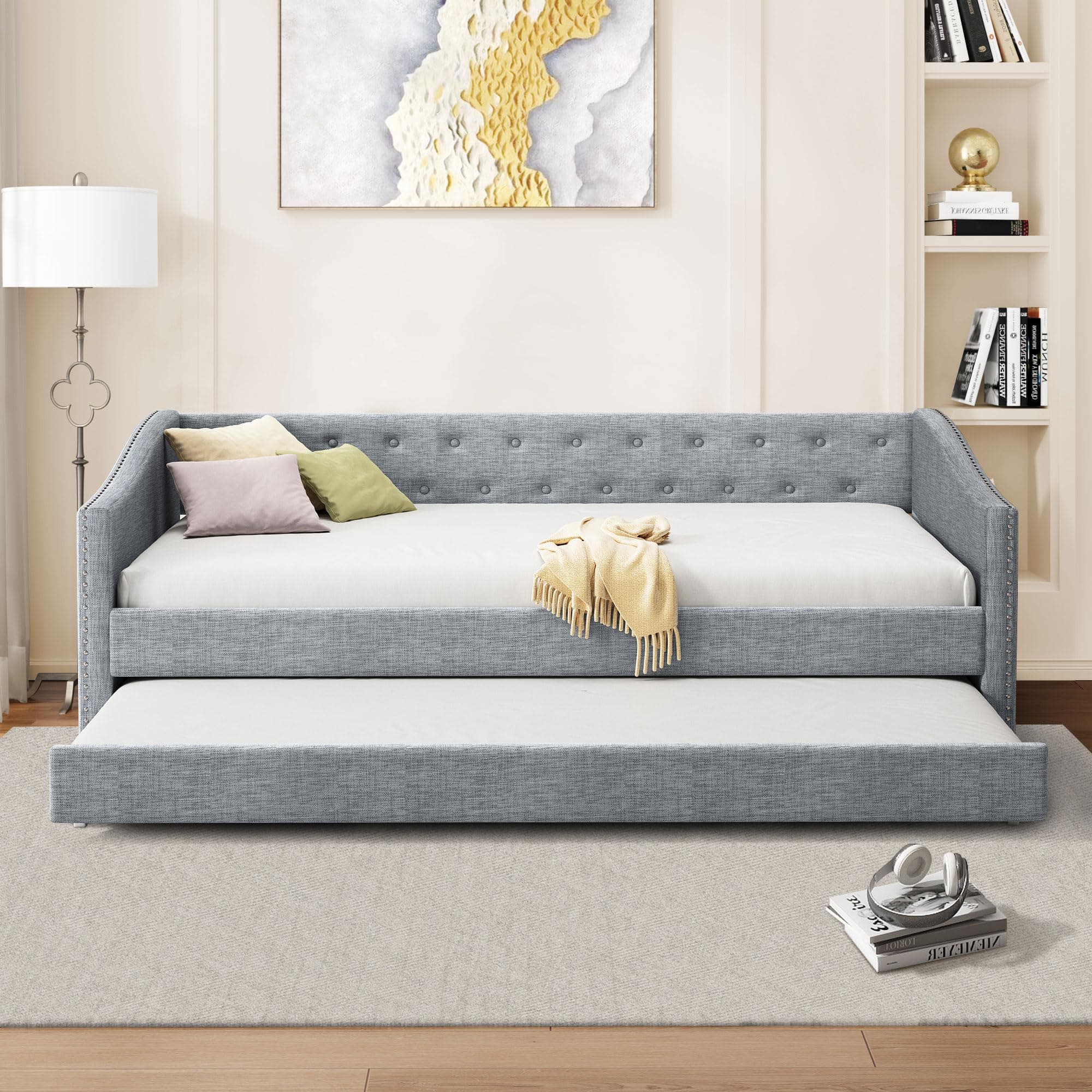 Twin Upholstered Daybed with Trundle, Tufted Button Back & Piping Arms, Light Grey