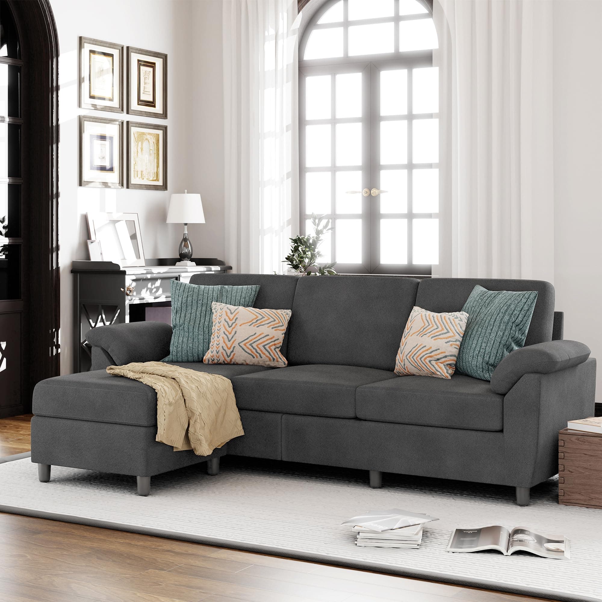 Vongrasig 79" L-Shaped Convertible Sofa, 3 Seater Linen Fabric Couch (Bk)
