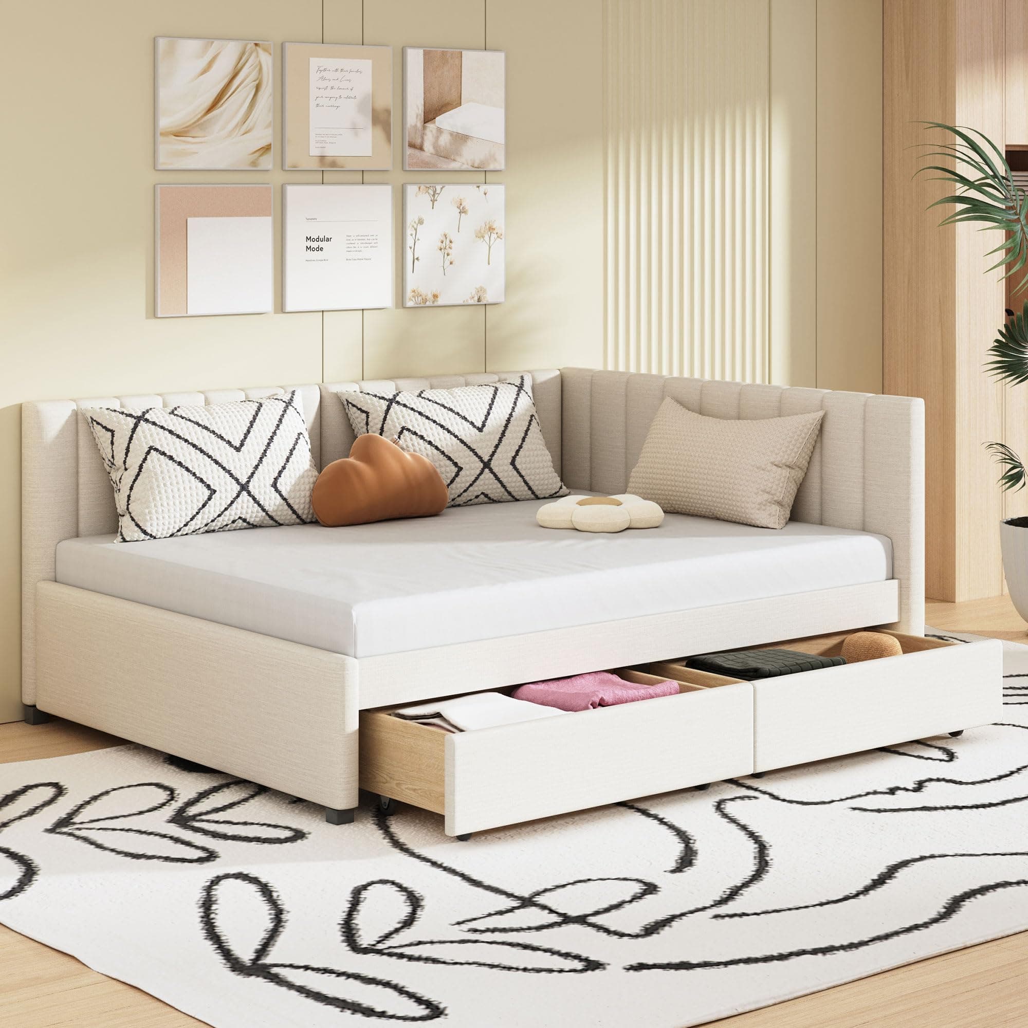 Merax Daybed with Storage Drawers, Sofa Bed Frame in Beige Linen Fabric