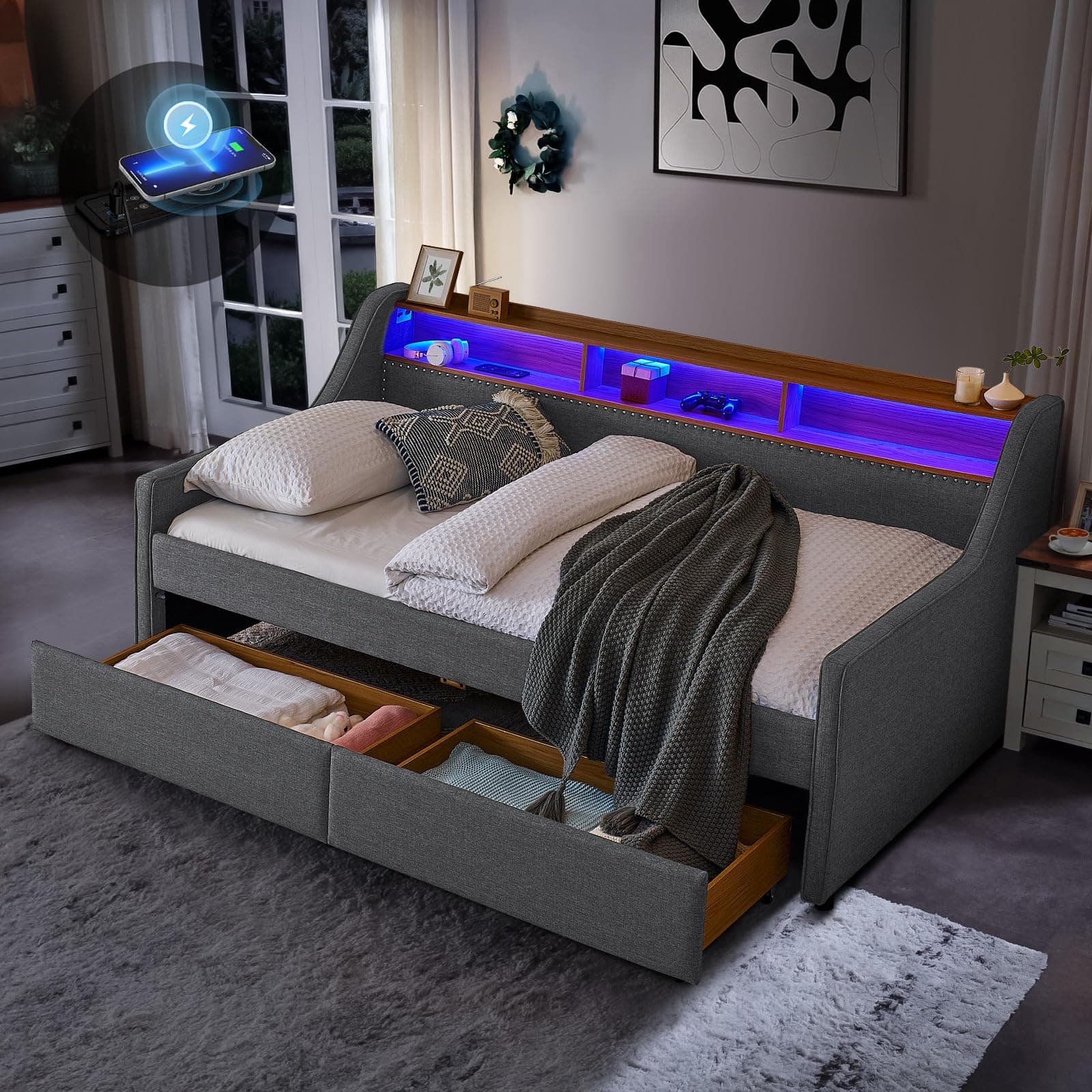 JEEOHEY Grey Twin Size Daybed with Storage & Charging, Linen Upholstered Modern Sofa Bed Frame