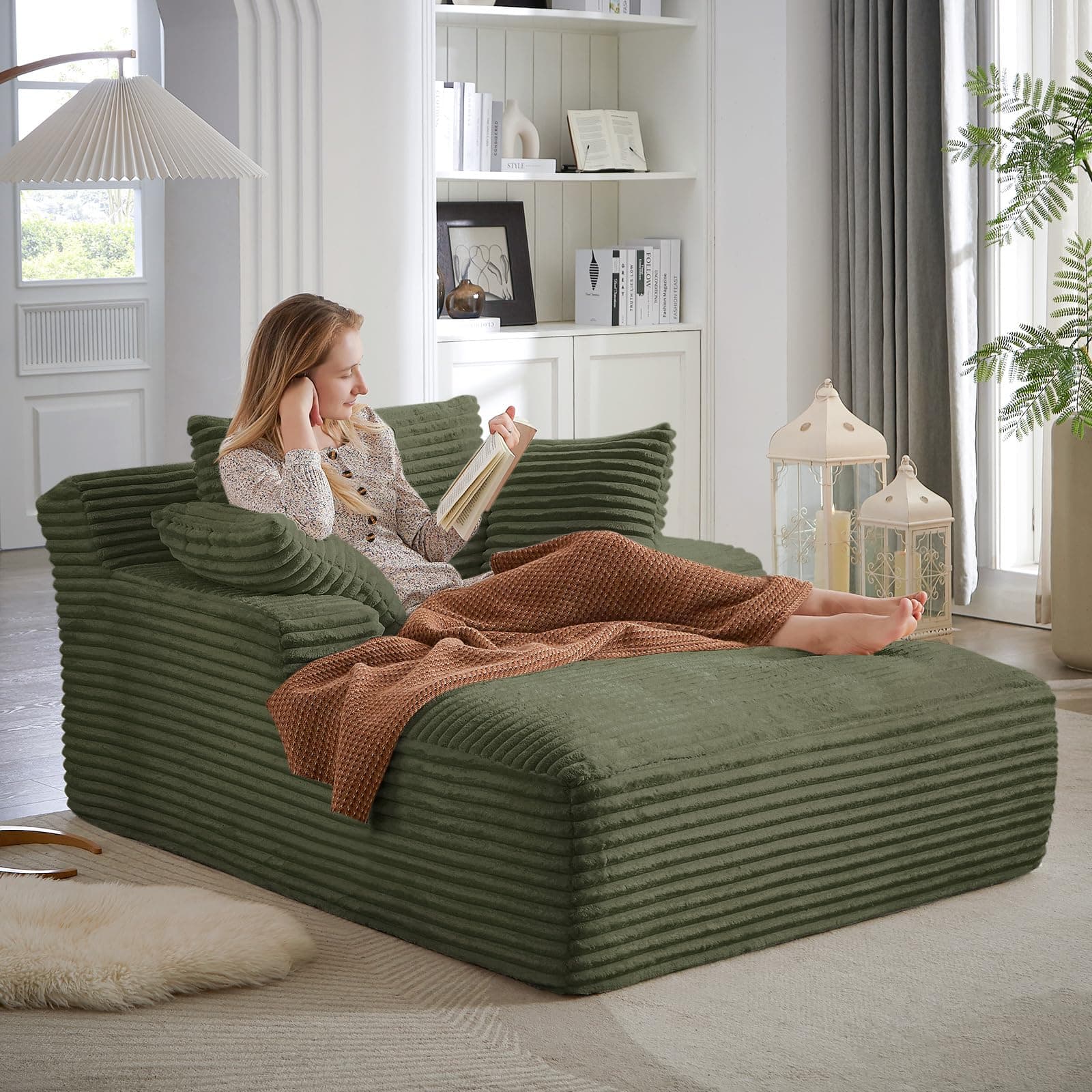 Oversized Chaise Lounge Chair Army Green for Living Room with 3 Pillows and Comfy Fluffy Couch, Modern Deep Seat Sofa No Assembly Needed, 50"W Upholstered Corduroy Couch Single Sleeper