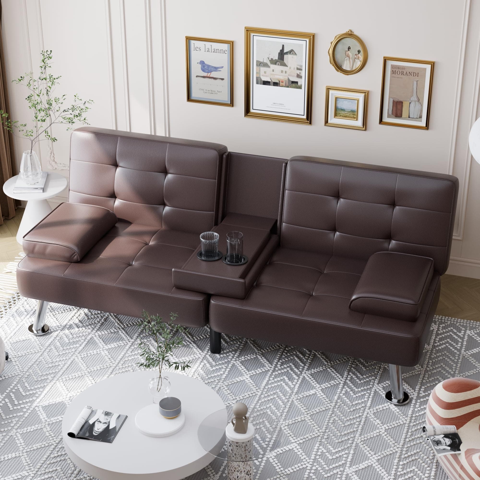 Shahoo Faux Leather Convertible Futon Sofa Bed for Living Room, Brown