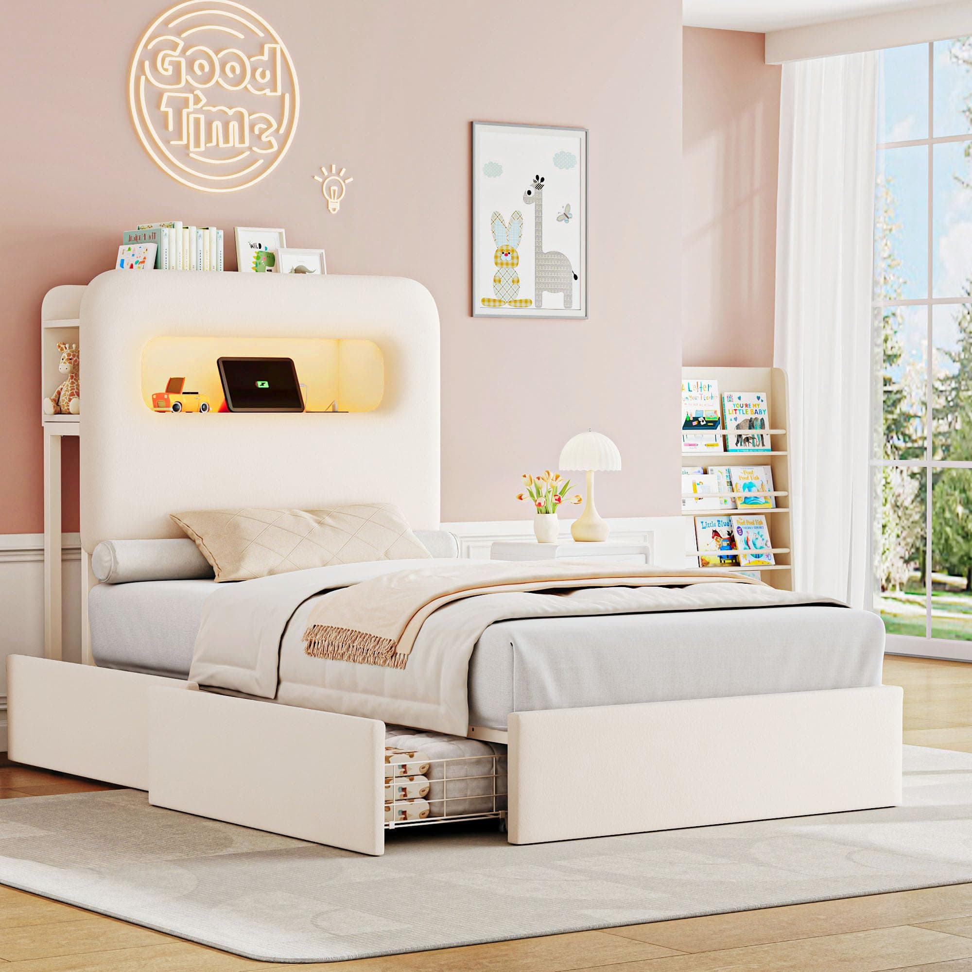 HOSTACK Twin Velvet Upholstered Bed Frame with Storage, USB Ports, Bookcase, Cream
