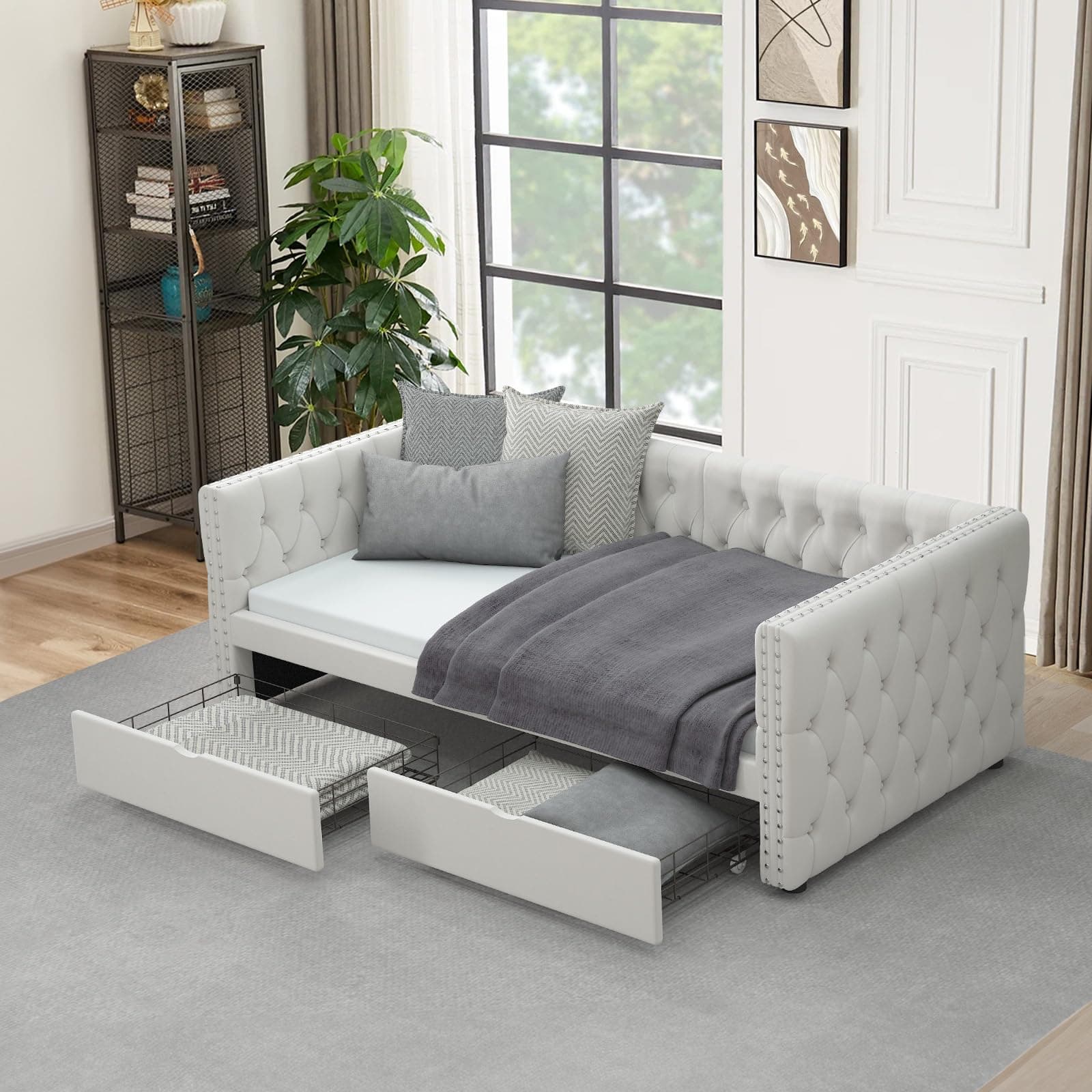 JEEOHEY Velvet Button Tufted Twin Daybed with Storage (Beige)