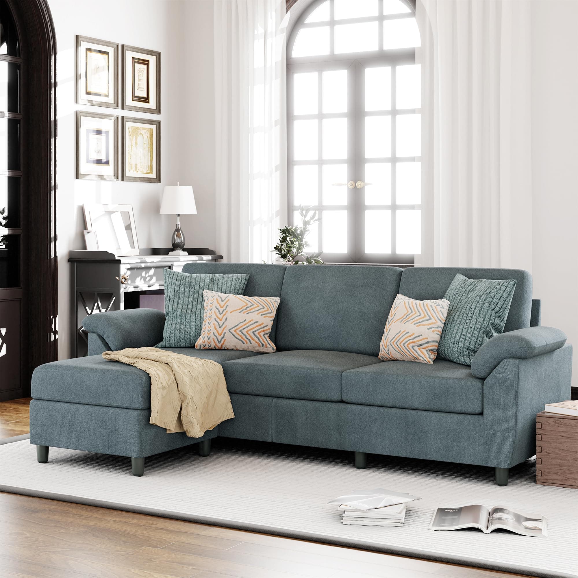 Vongrasig 79" L Shaped Gray Sectional Sofa with Removable Pillows Linen Fabric