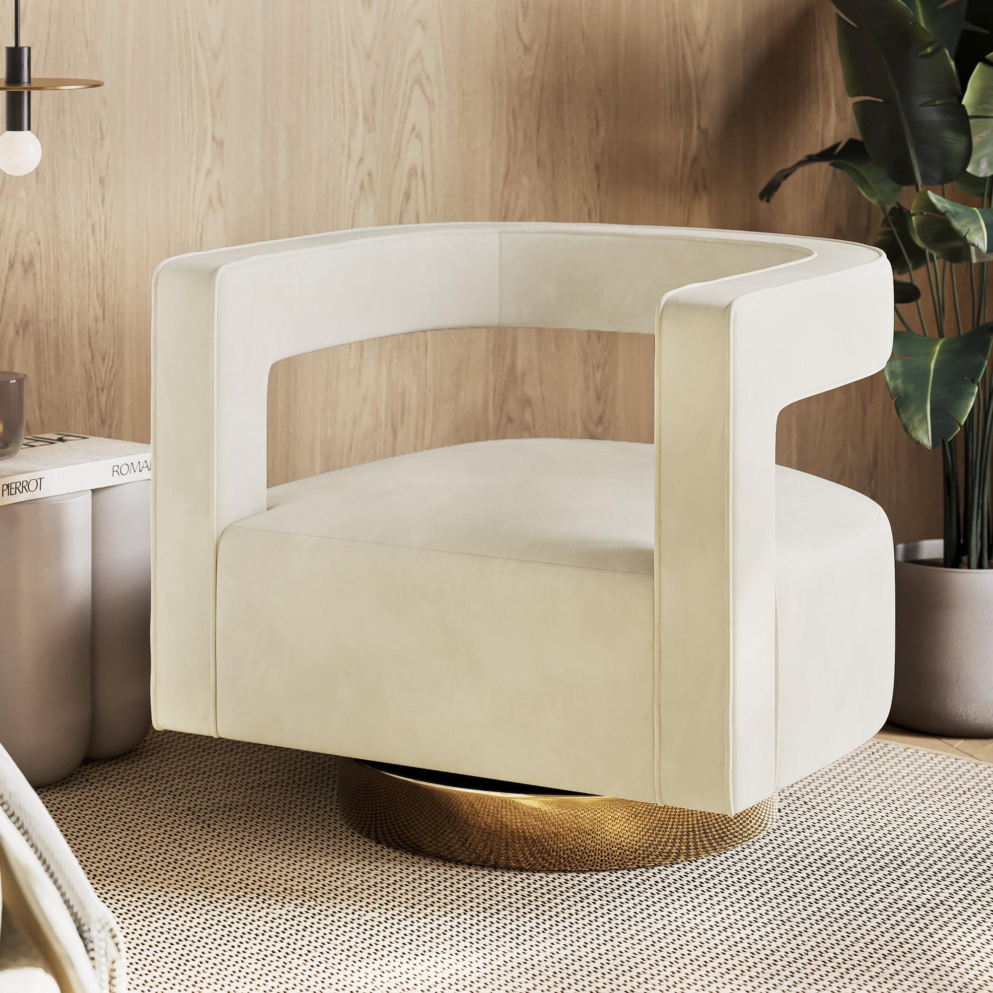 BELLEZE Ivory Gold Base Swivel Chair, Modern Barrel Velvet Living Room Chair
