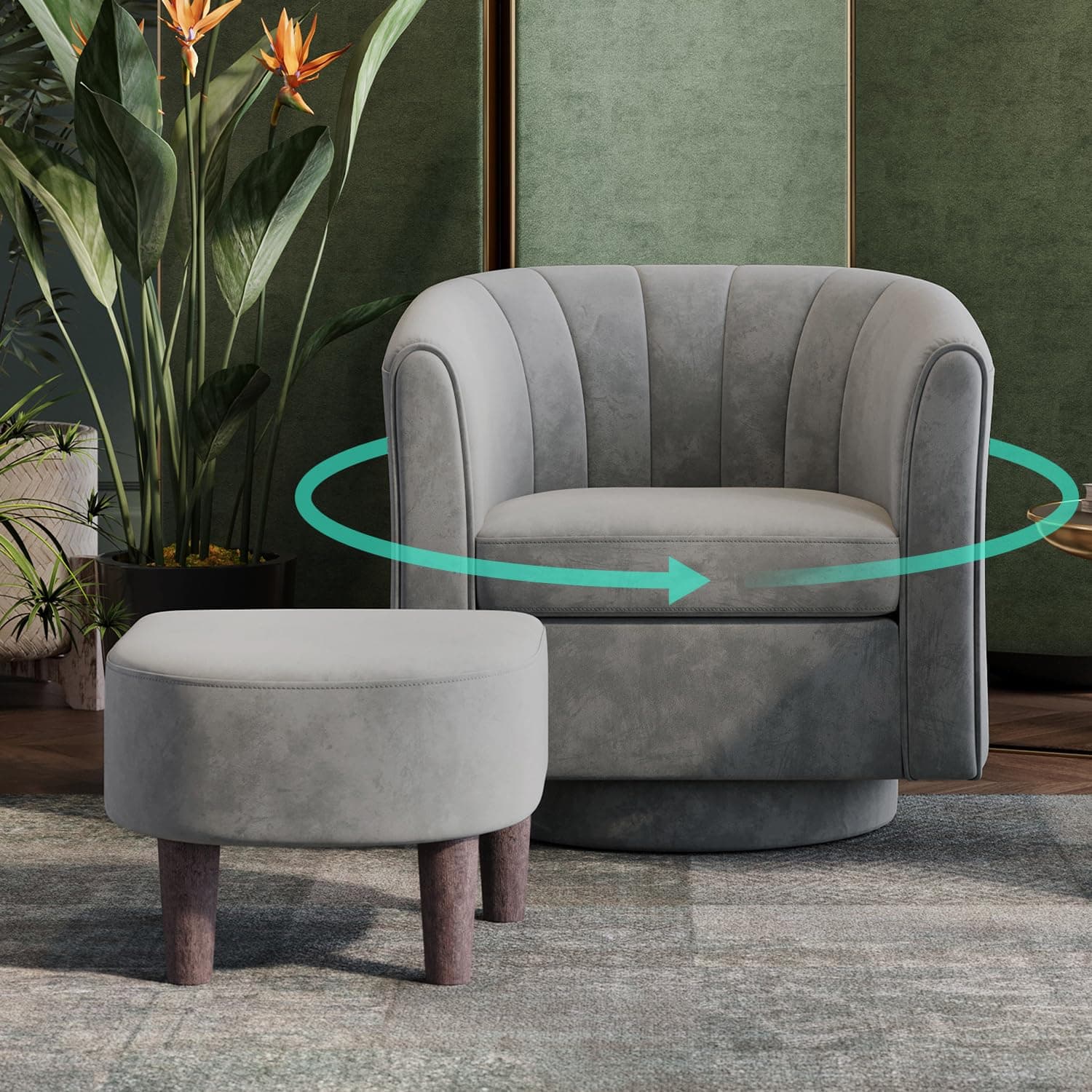 LINSY Gray Velvet Swivel Chair with Ottoman, Modern Comfy Living Room Armchair