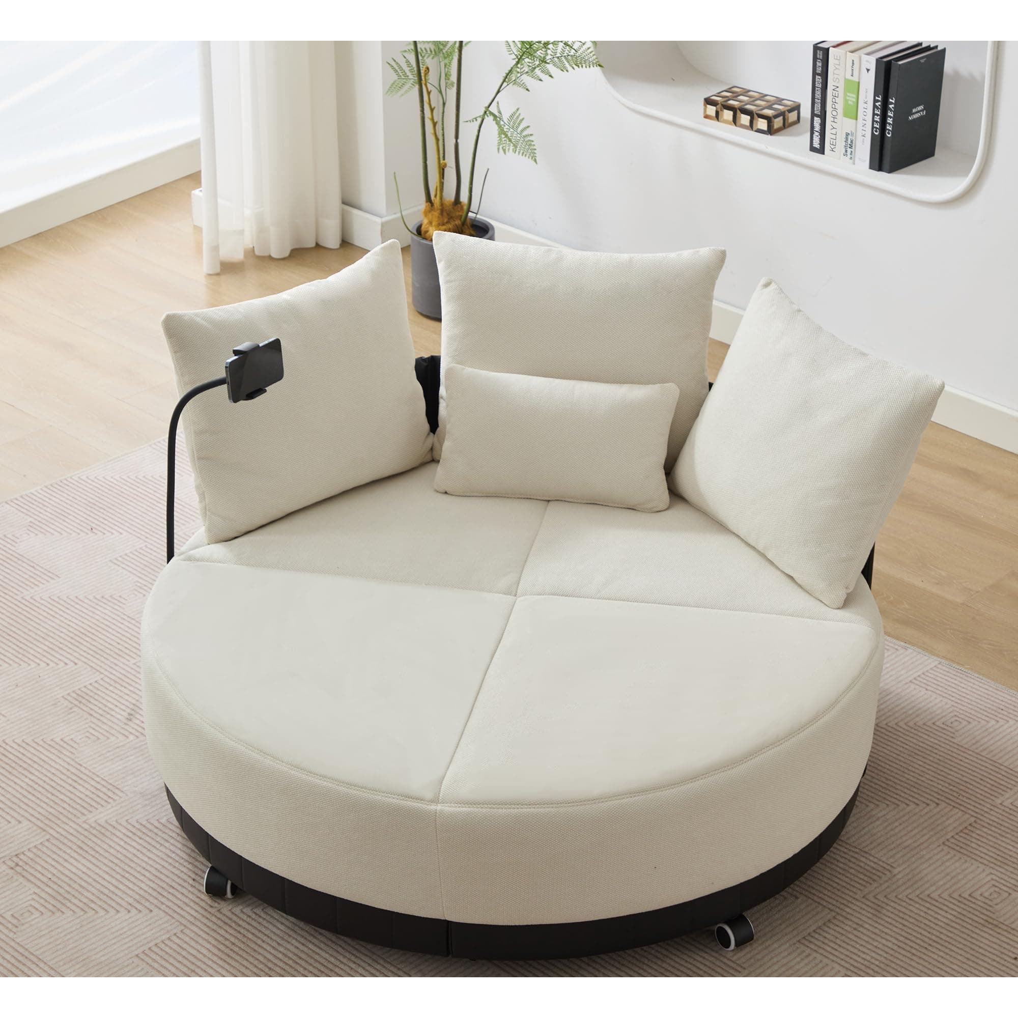 Oversized Round Swivel Chair with Phone Stand and 4 Pillows (Beige)