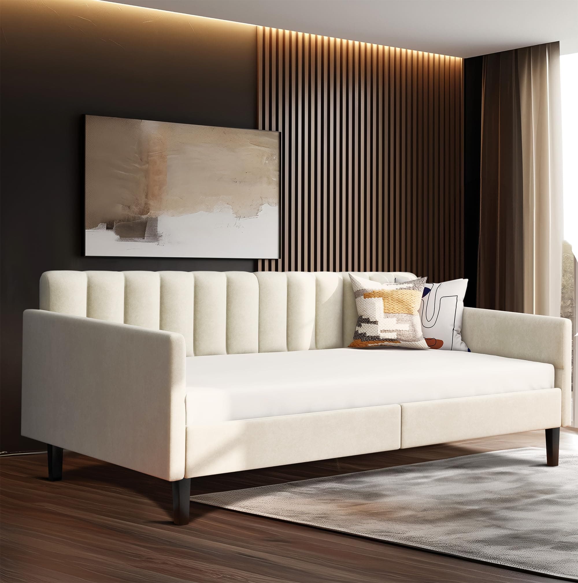 LifeSky Beige Velvet Tufted Twin Day Bed Frame