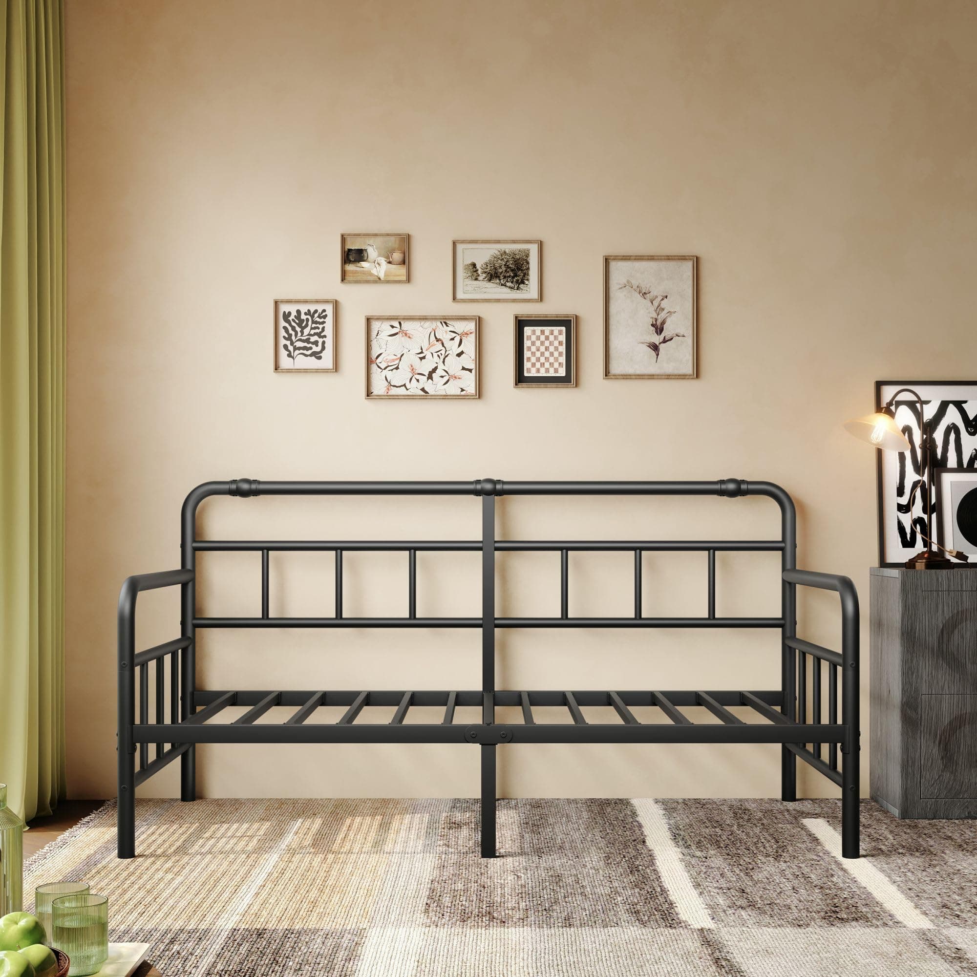 Twin Daybed Frame with Classic Headboard - Heavy Duty Steel Slats (Black)