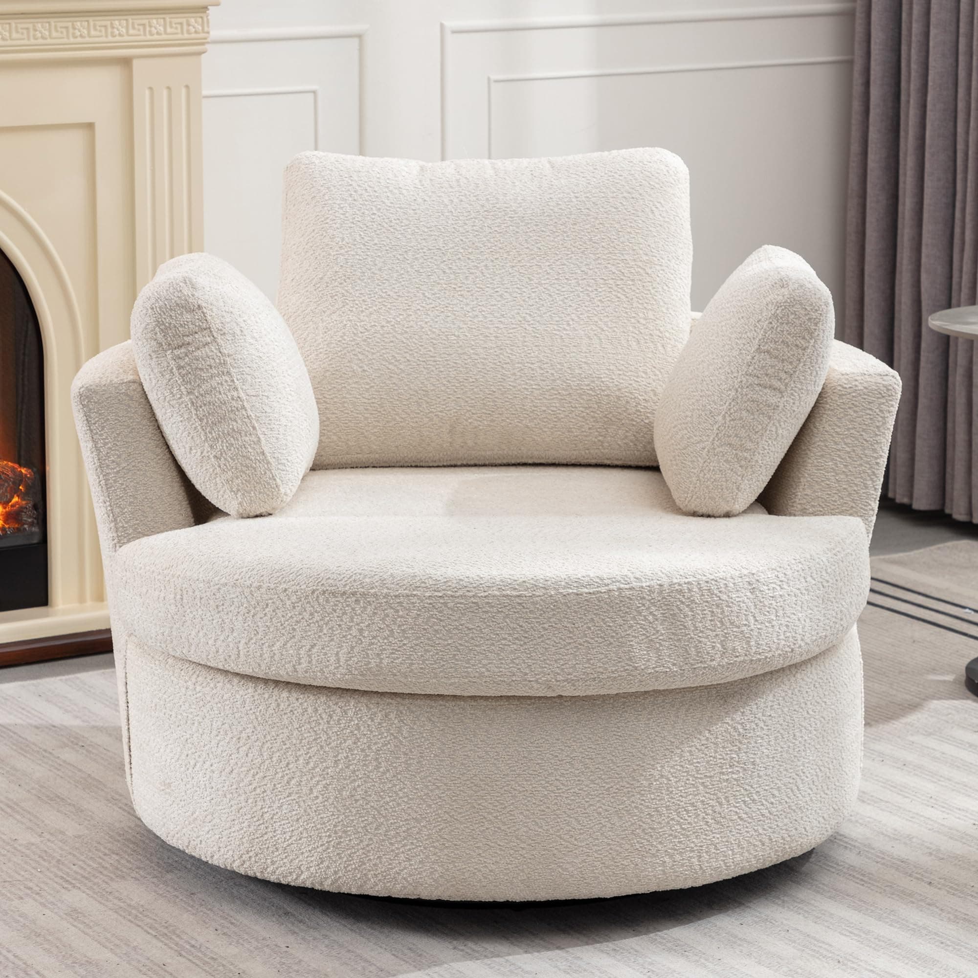 Beige Boucle Oversized Swivel Chair and Half Sofa for Living Room