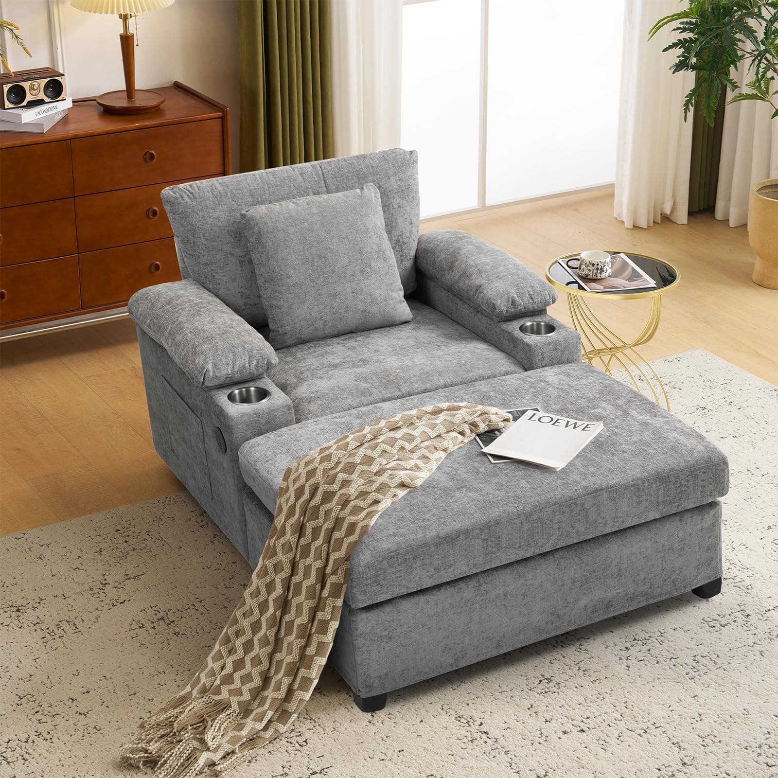 Light Grey Chenille Chaise Lounge with Ottoman & USB, Storage Armrests, & Side Pockets
