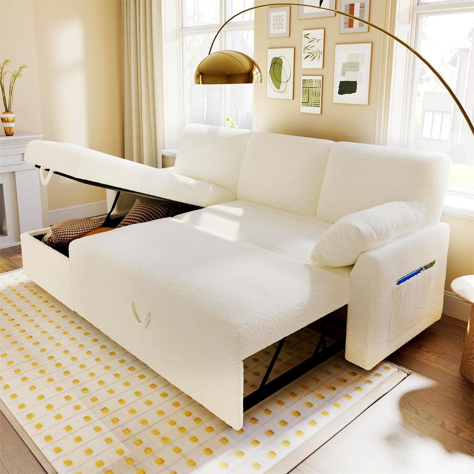 VanAcc 2-in-1 Sleeper Sofa Bed with White Sherpa Chaise and Storage