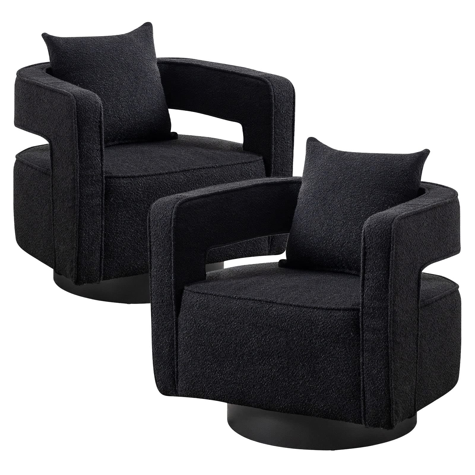 ODUWA Modern Round Boucle Swivel Chair Set of 2, Black Base, Living Room Nursery Comfortable