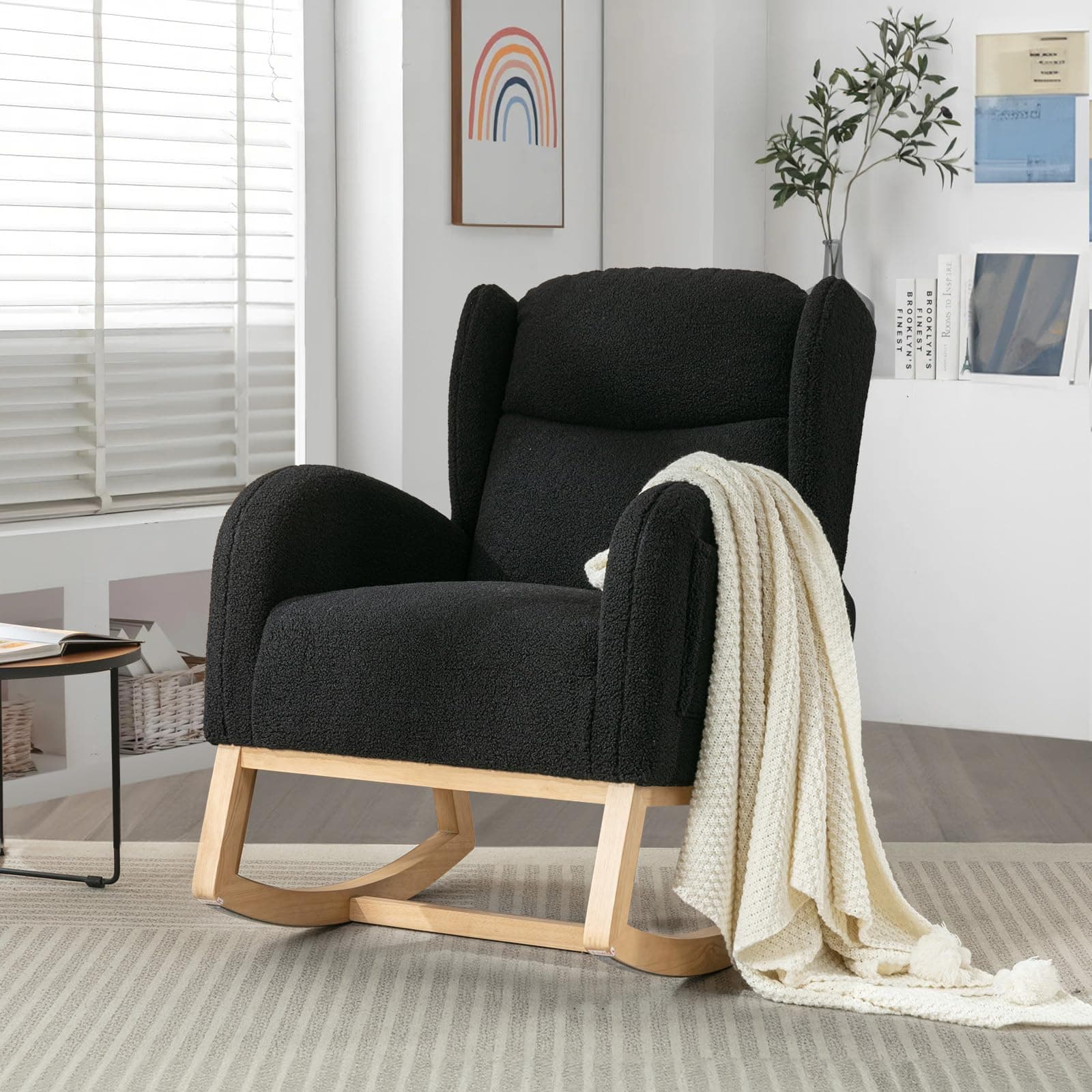 Rocking Chair for Nursery: Teddy Upholstered Glider with Side Pockets and High Backrest in Black