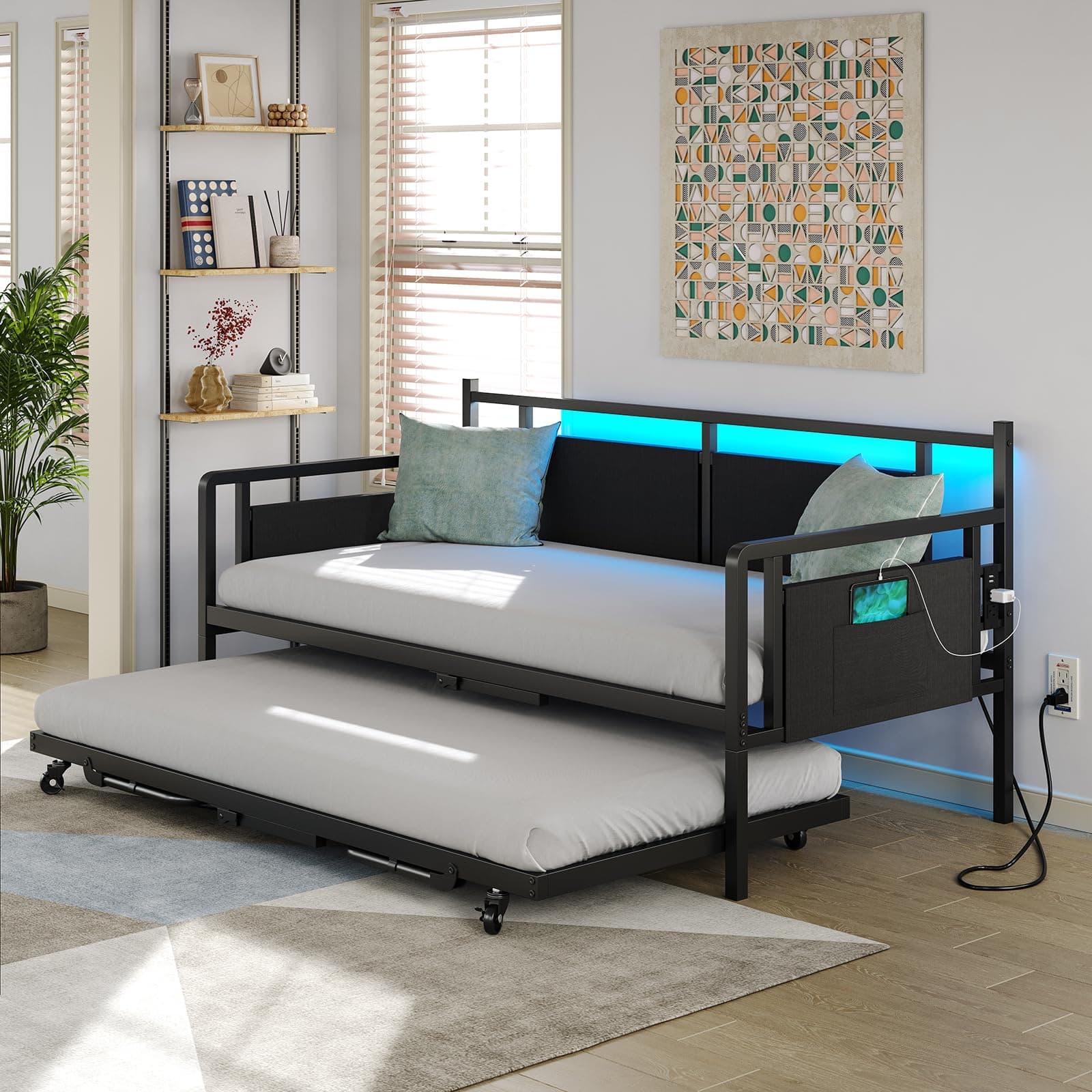 Furniouse Black Twin Daybed with Charging & LED Lights, Trundle Bed Frame