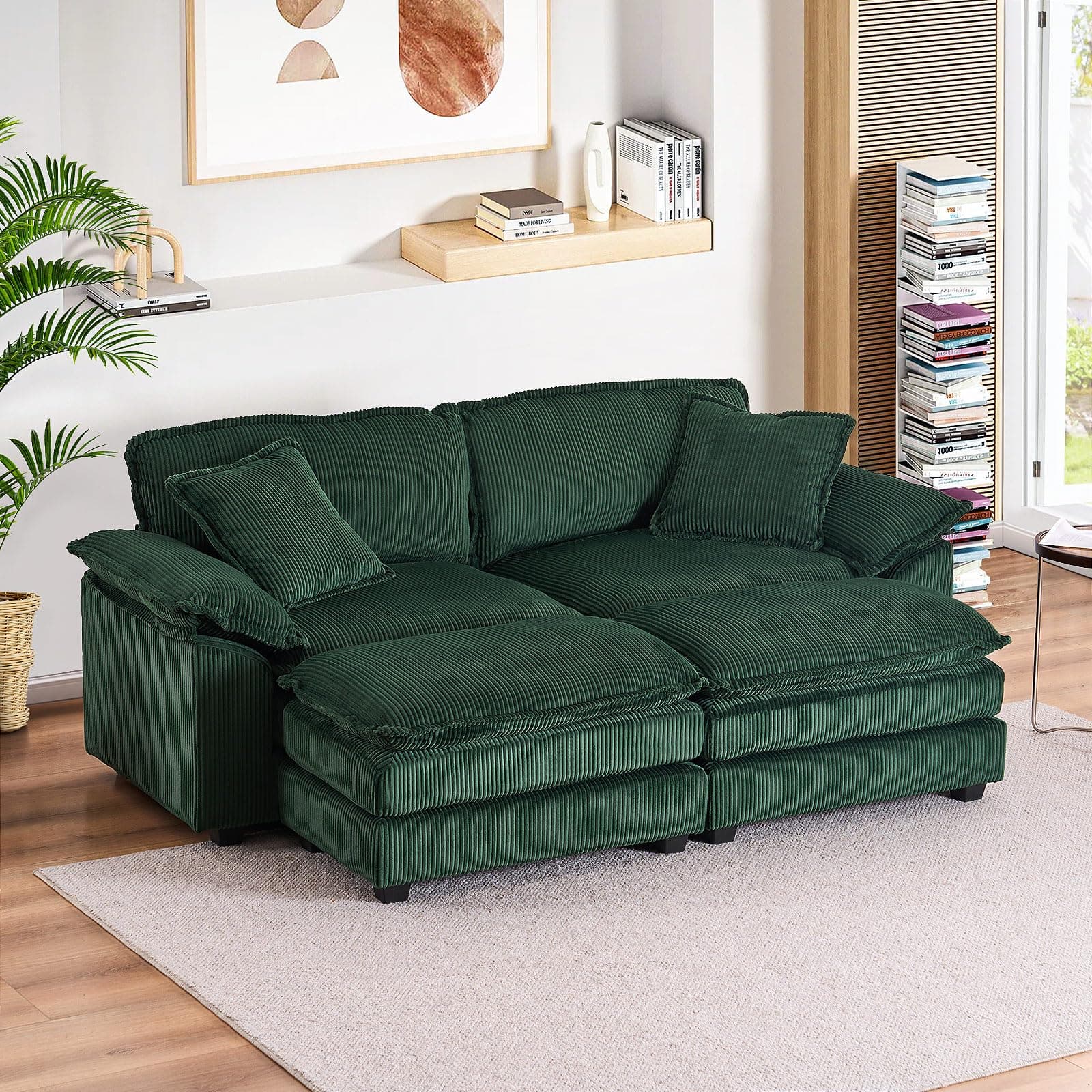 Modern Corduroy L Shaped Sectional Sofa Couch with Chaise and Ottoman
