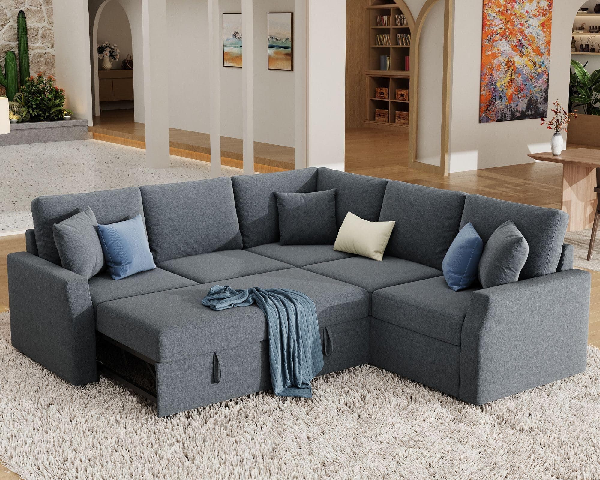 Jocisland 85" Oversized L-Shaped Sleeper Sofa with Storage, Grey Linen
