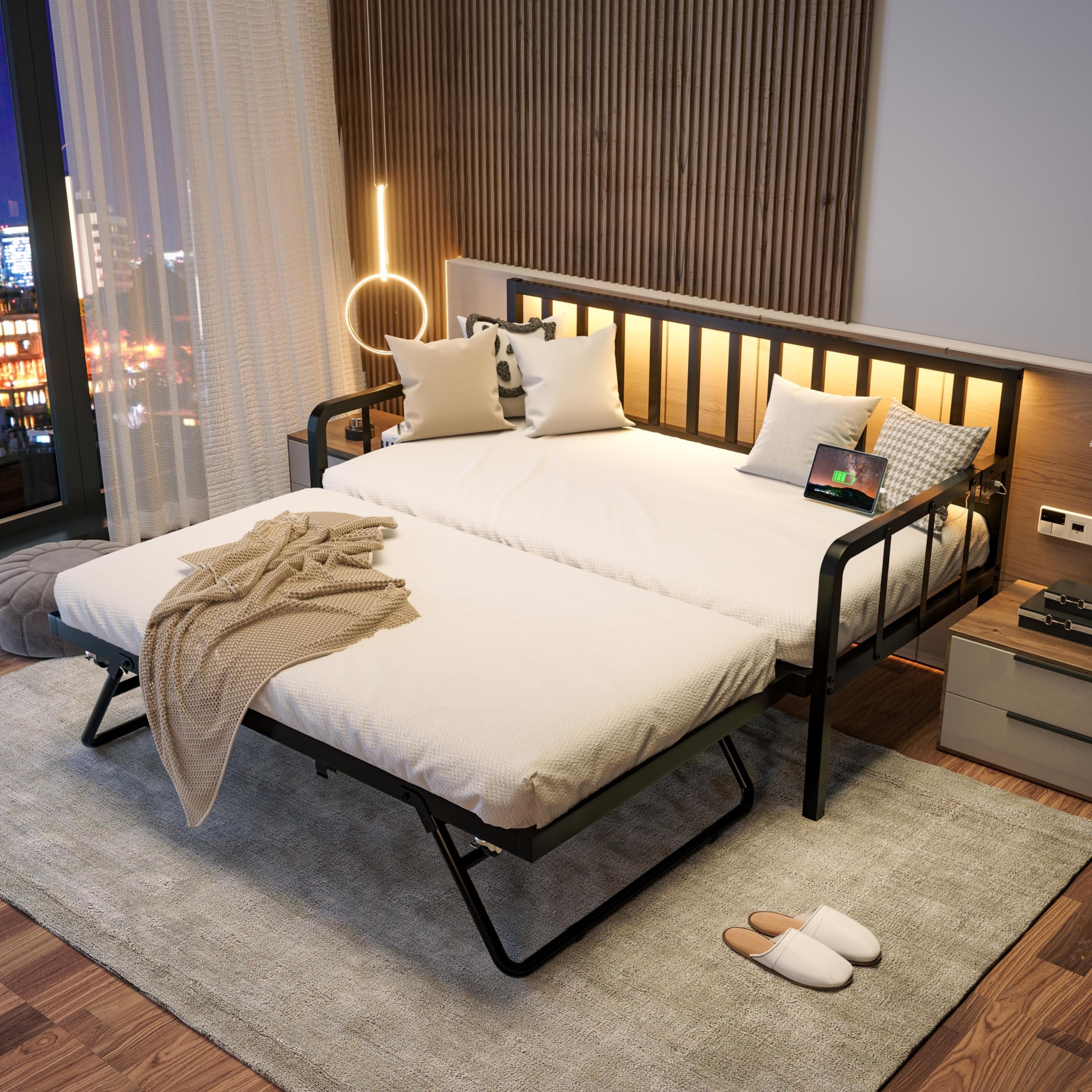 MU Black Metal Daybed with Trundle, Charging Station, and LED Lights