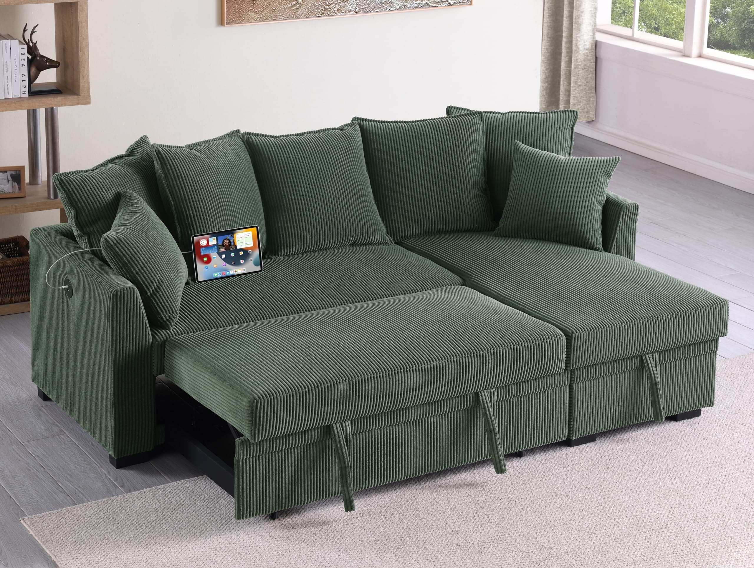 Eafurn 4-in-1 L-Shaped Sectional with Pullout Bed and USB Ports
