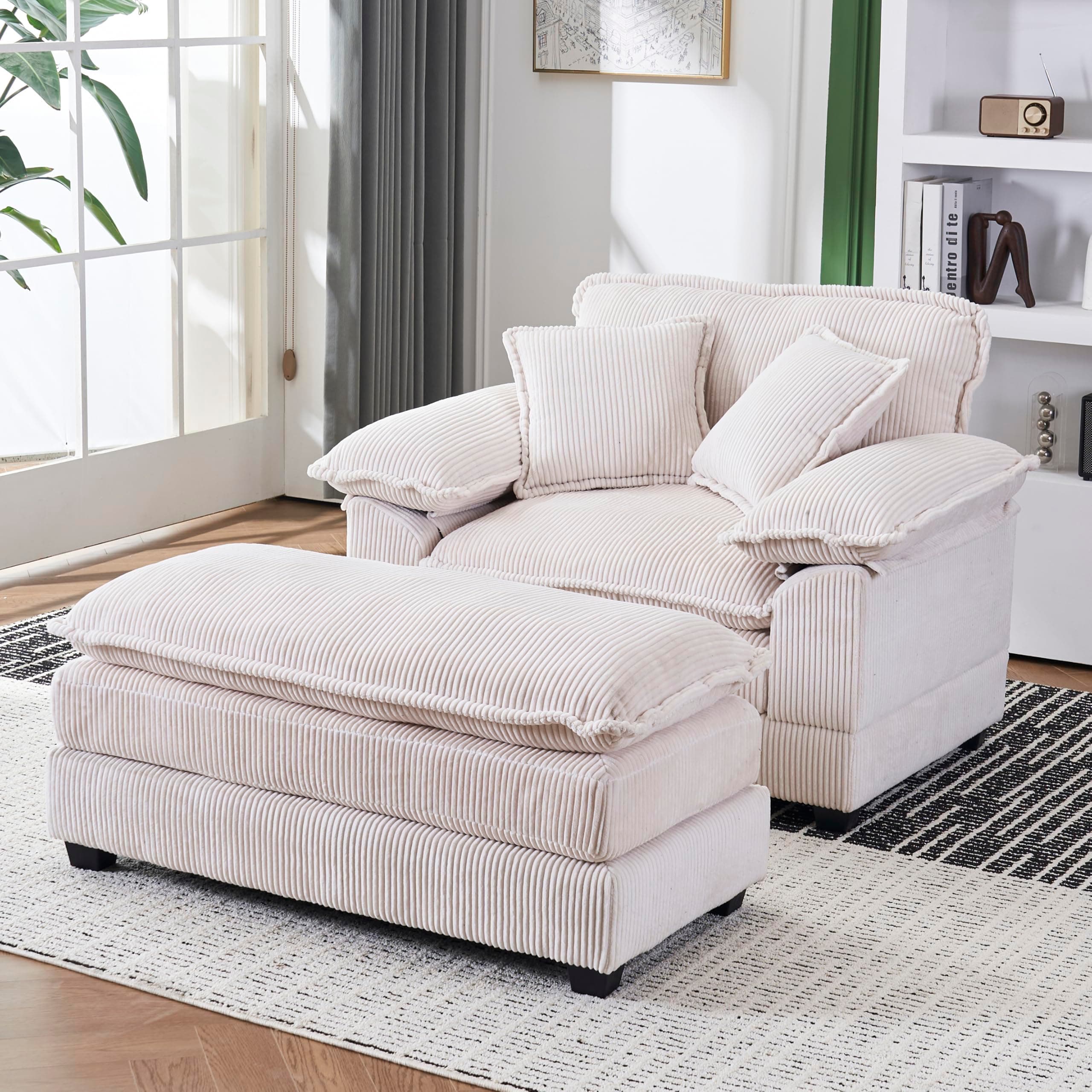 Oversized Cream White Corduroy Chaise Lounge Chair & Ottomans