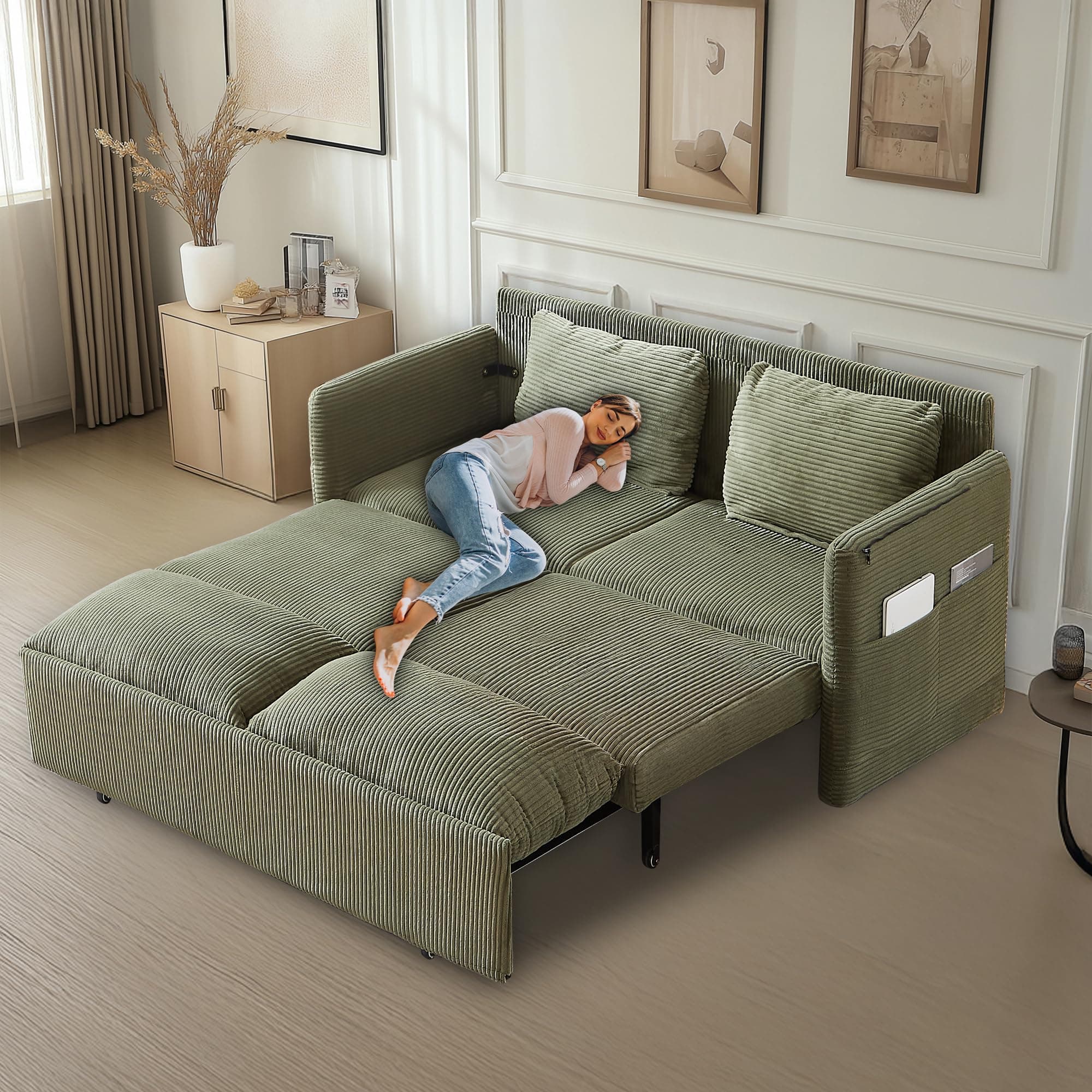 3-in-1 Corduroy Green Pullout Couch Bed with Side Pockets