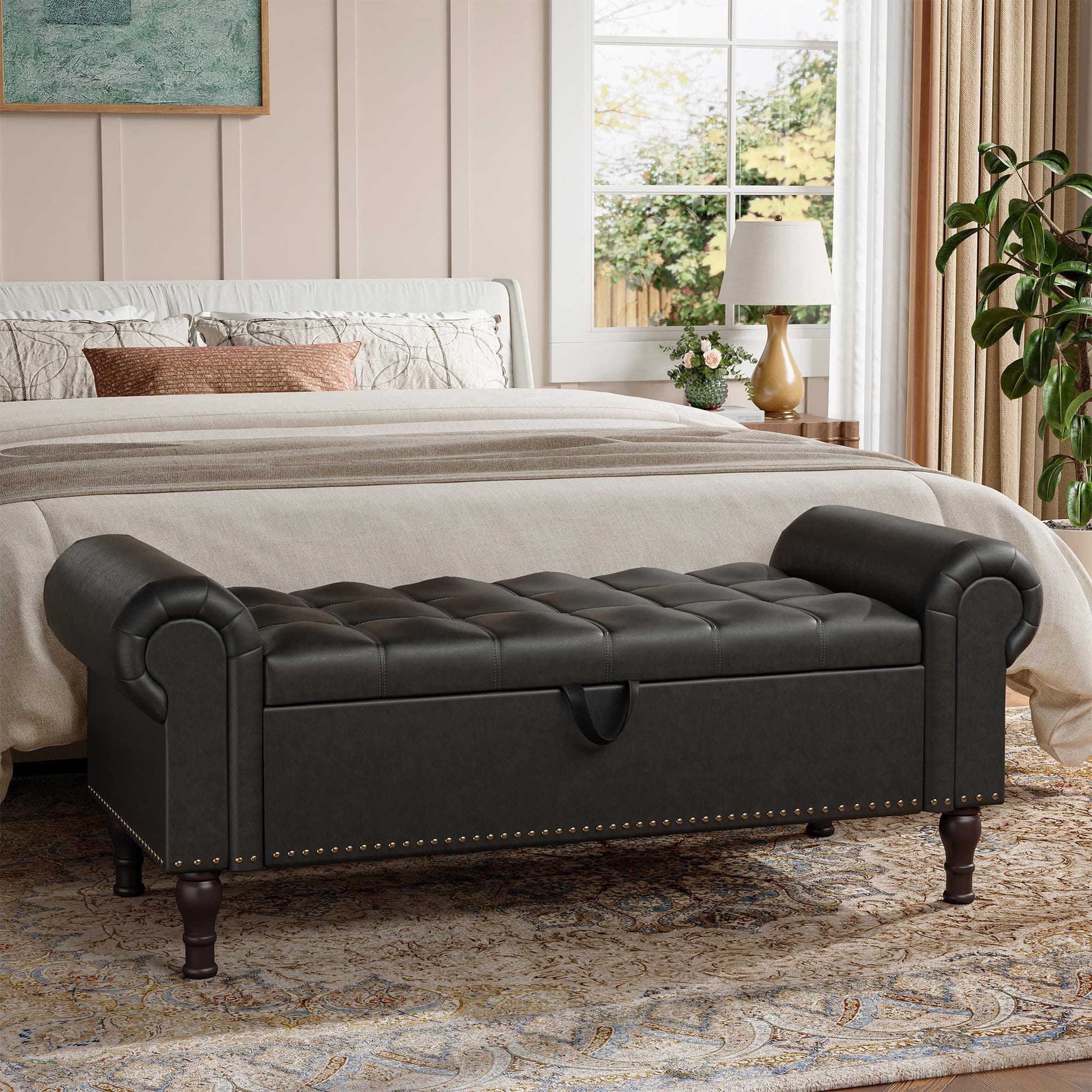 Vintage Rivet Storage Bench, Black, 51" Armless Upholstered Ottoman