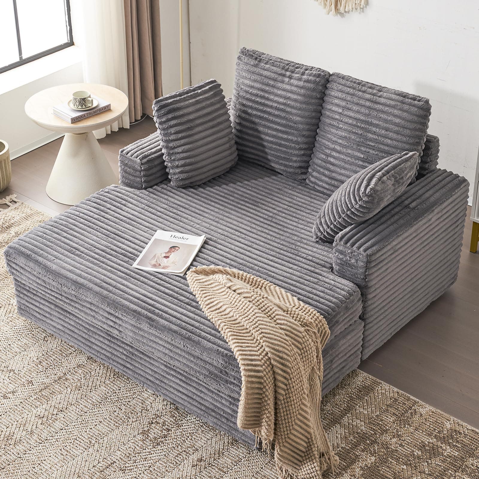 Furnimart 58 Inch Fluffy Corduroy Sleeper Chaise Lounge, Gray