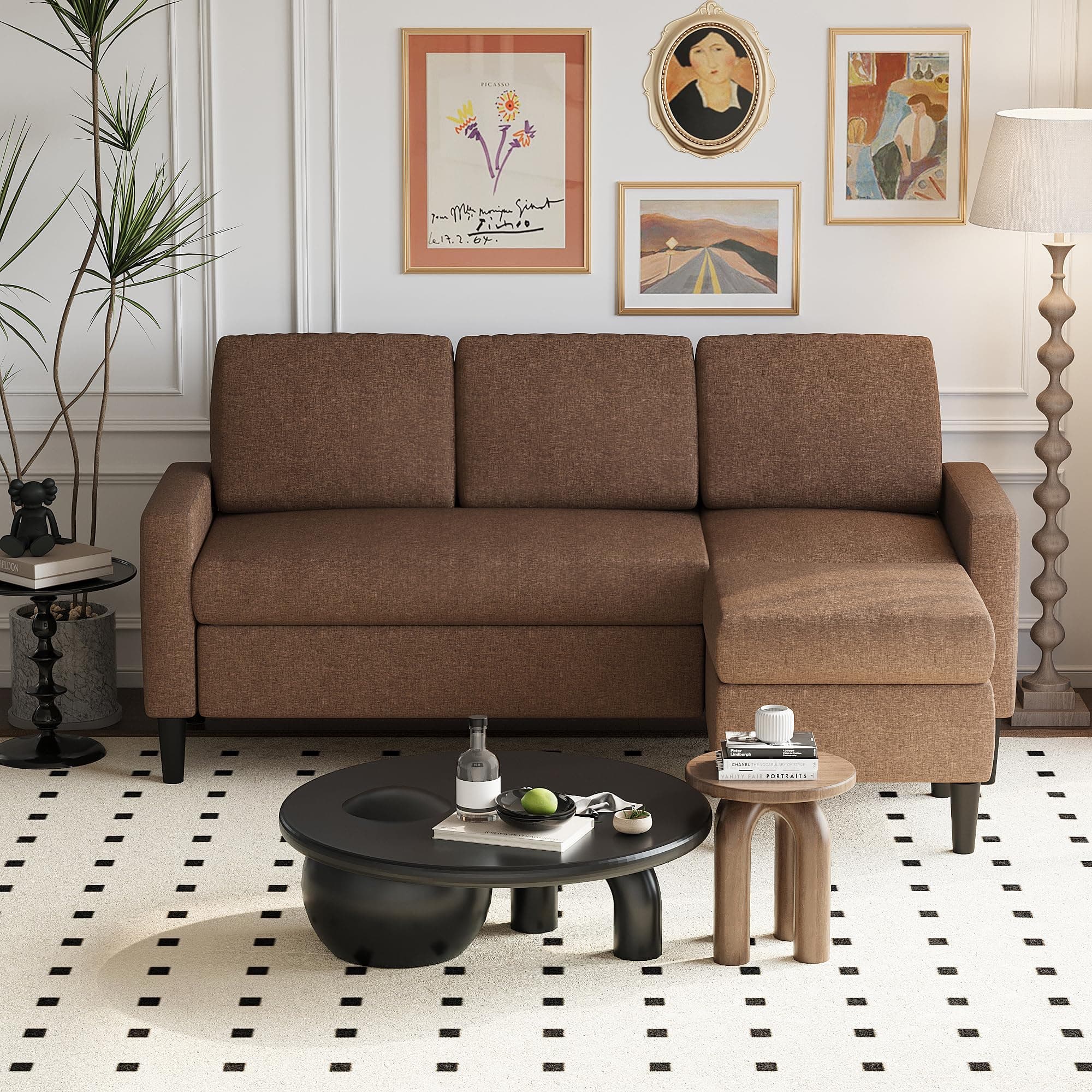 Shintenchi Brown 3 Seat L-Shaped Convertible Sofa with Ottoman, Linen Fabric